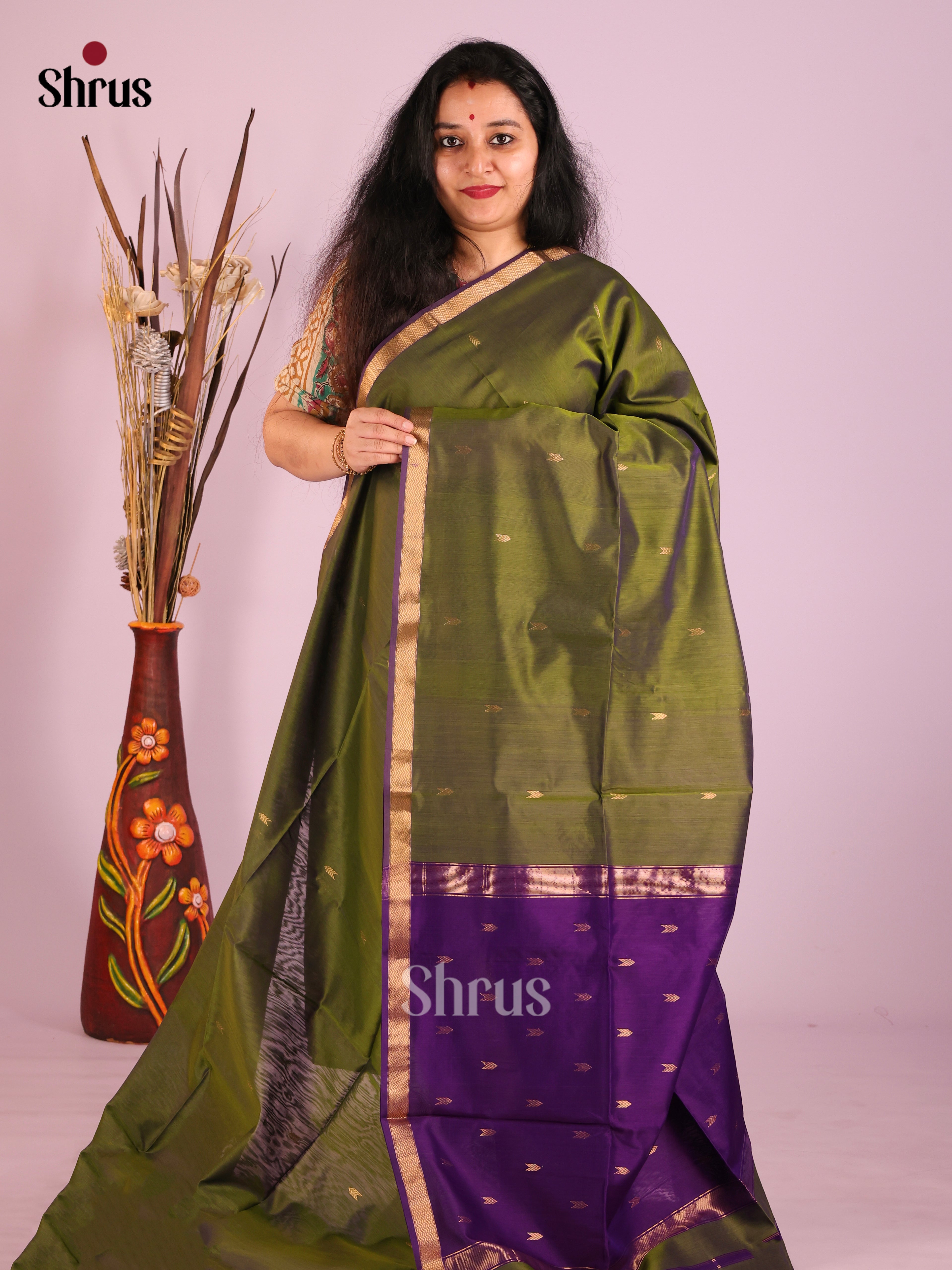 Green & Blue - Maheshwari silkcotton Saree - Shop on Shrus.com