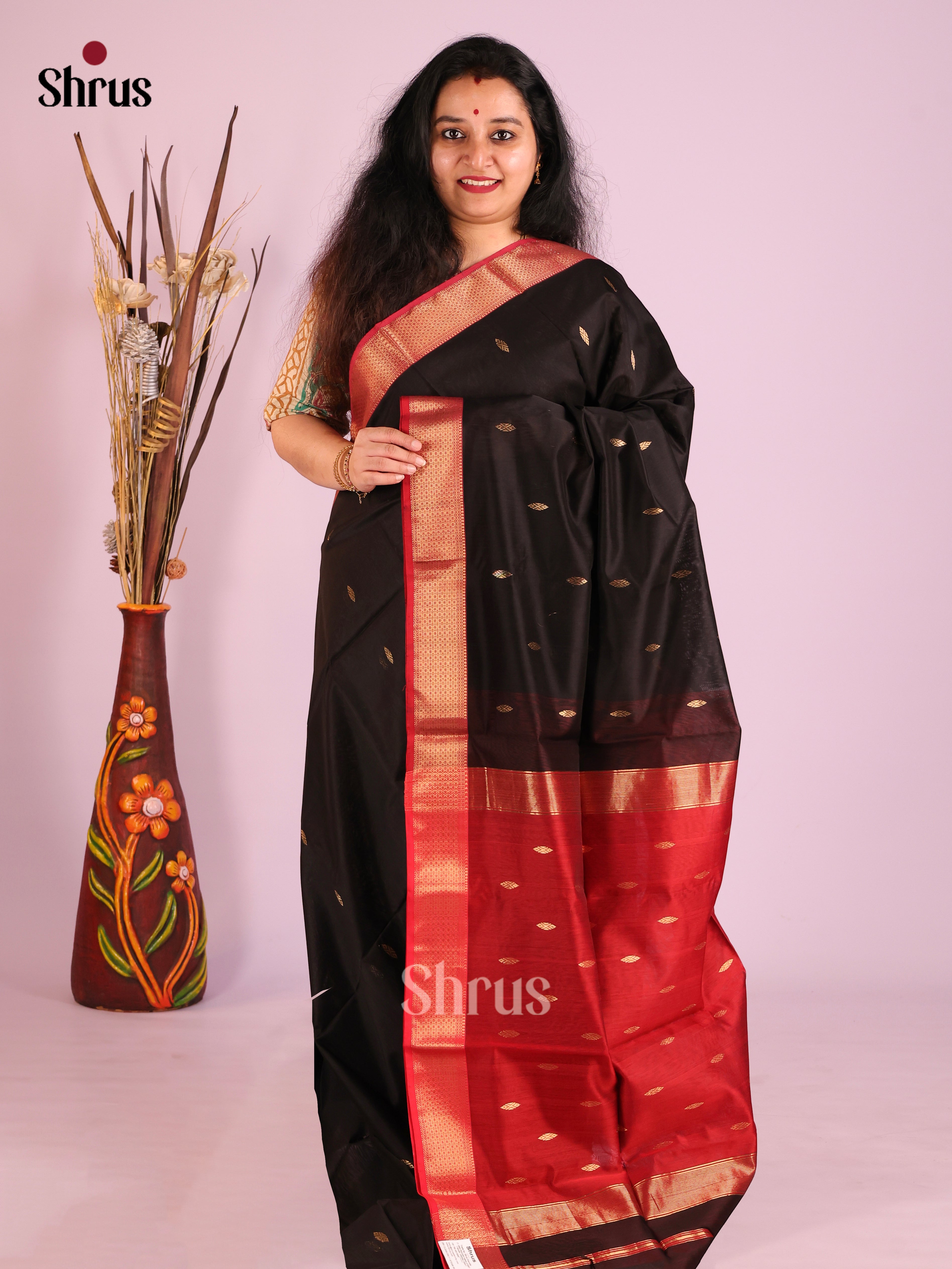 Classy Black Maheshwari Cotton Silk Saree with Zari Buttas & Red Zari Border
