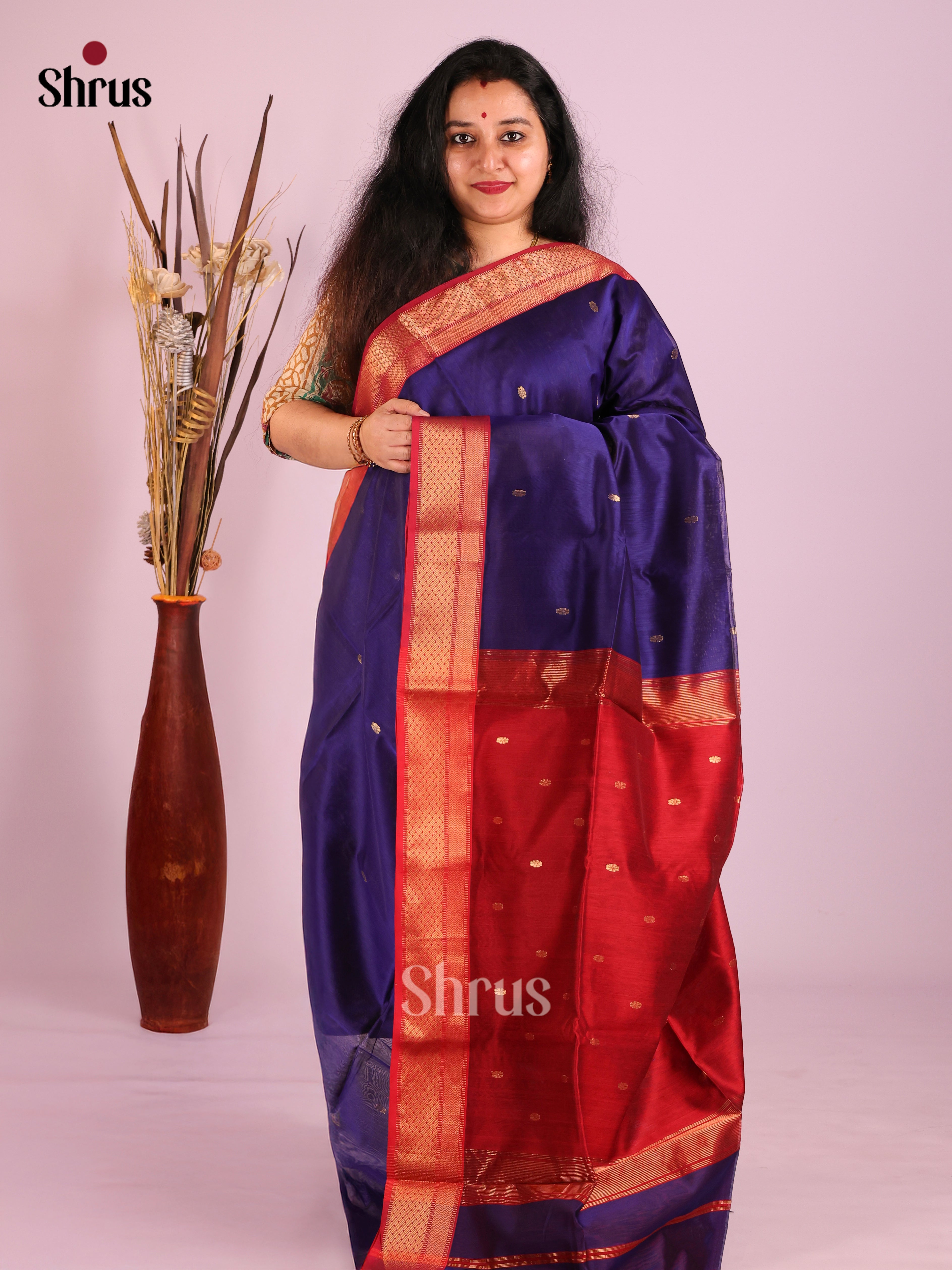 Blue & Red - Maheshwari silkcotton Saree