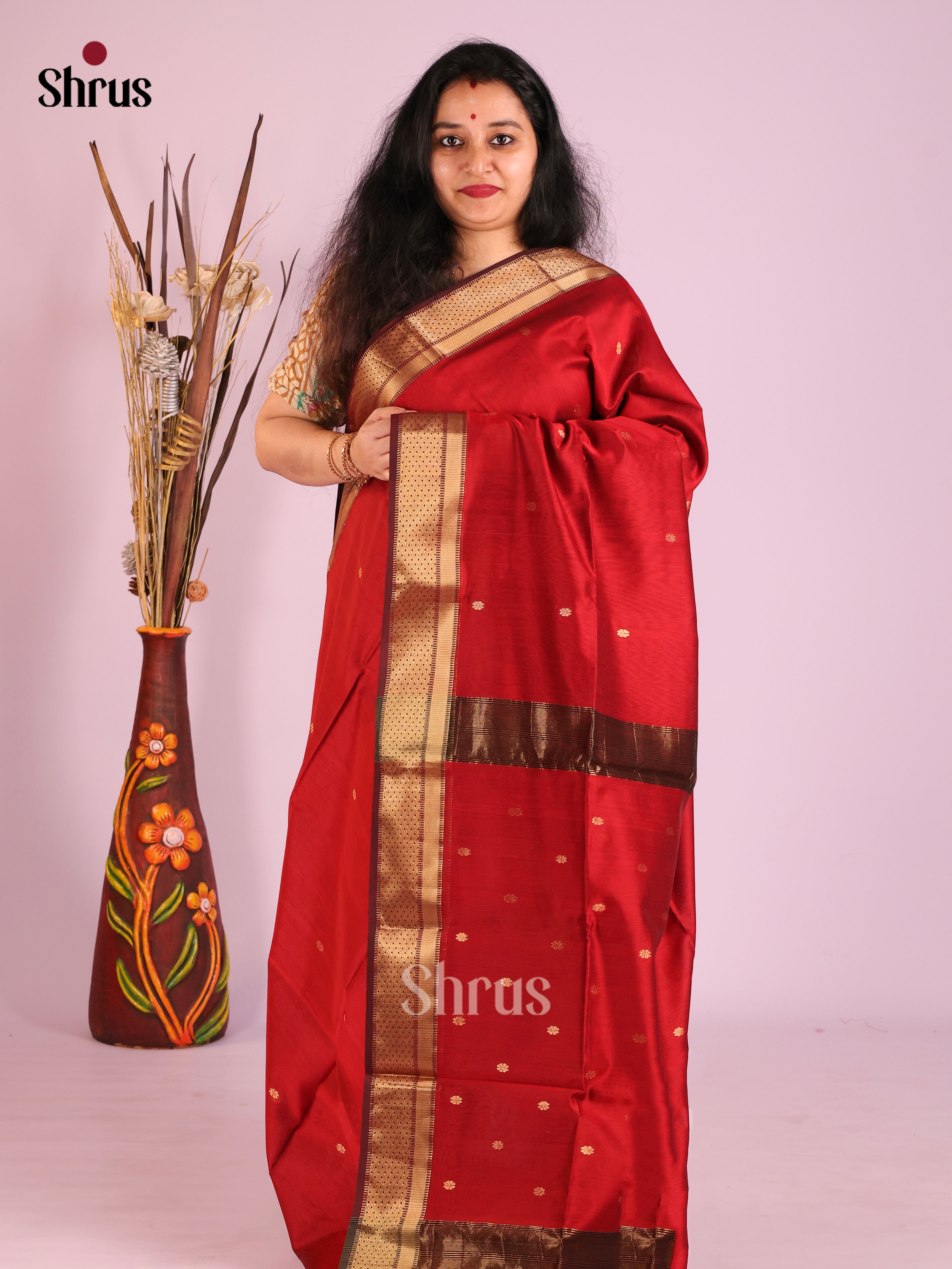 Red & Maroon- Maheshwari silkcotton Saree - Shop on Shrus.com