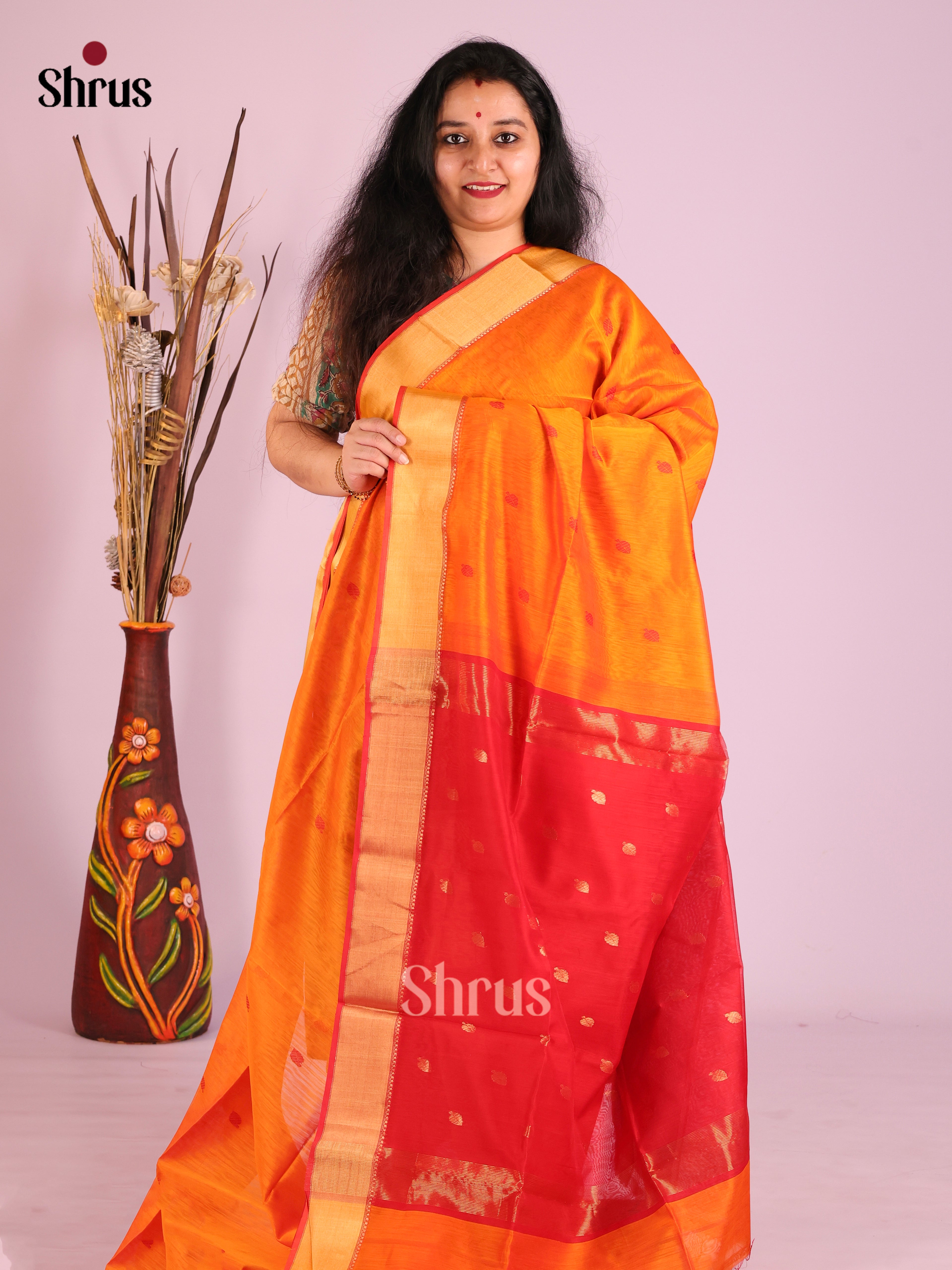 Mambazha Yellow & Red - Maheshwari silkcotton Saree - Shop on Shrus.com