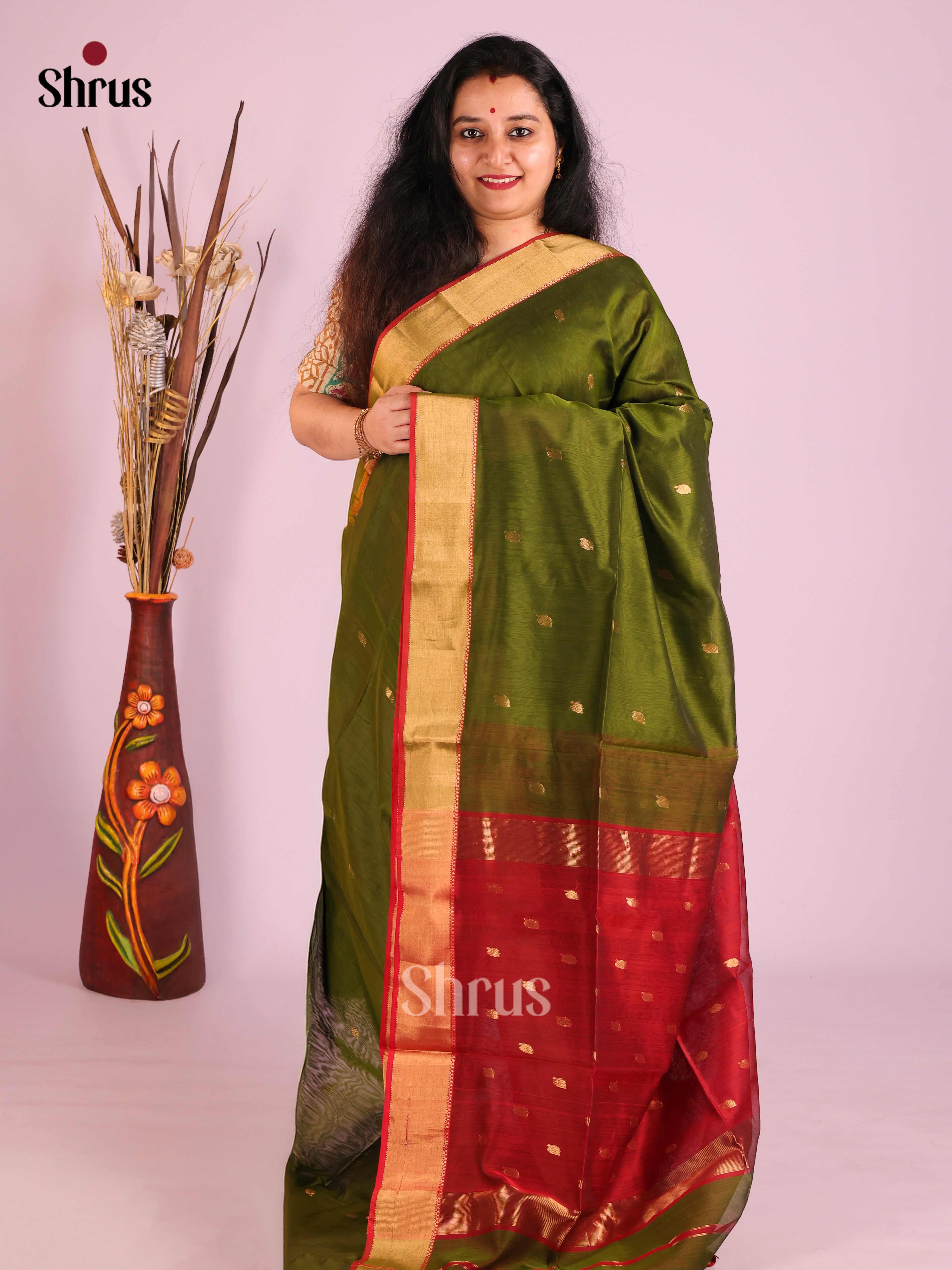 Green & Red - Maheshwari silkcotton Saree - Shop on Shrus.com