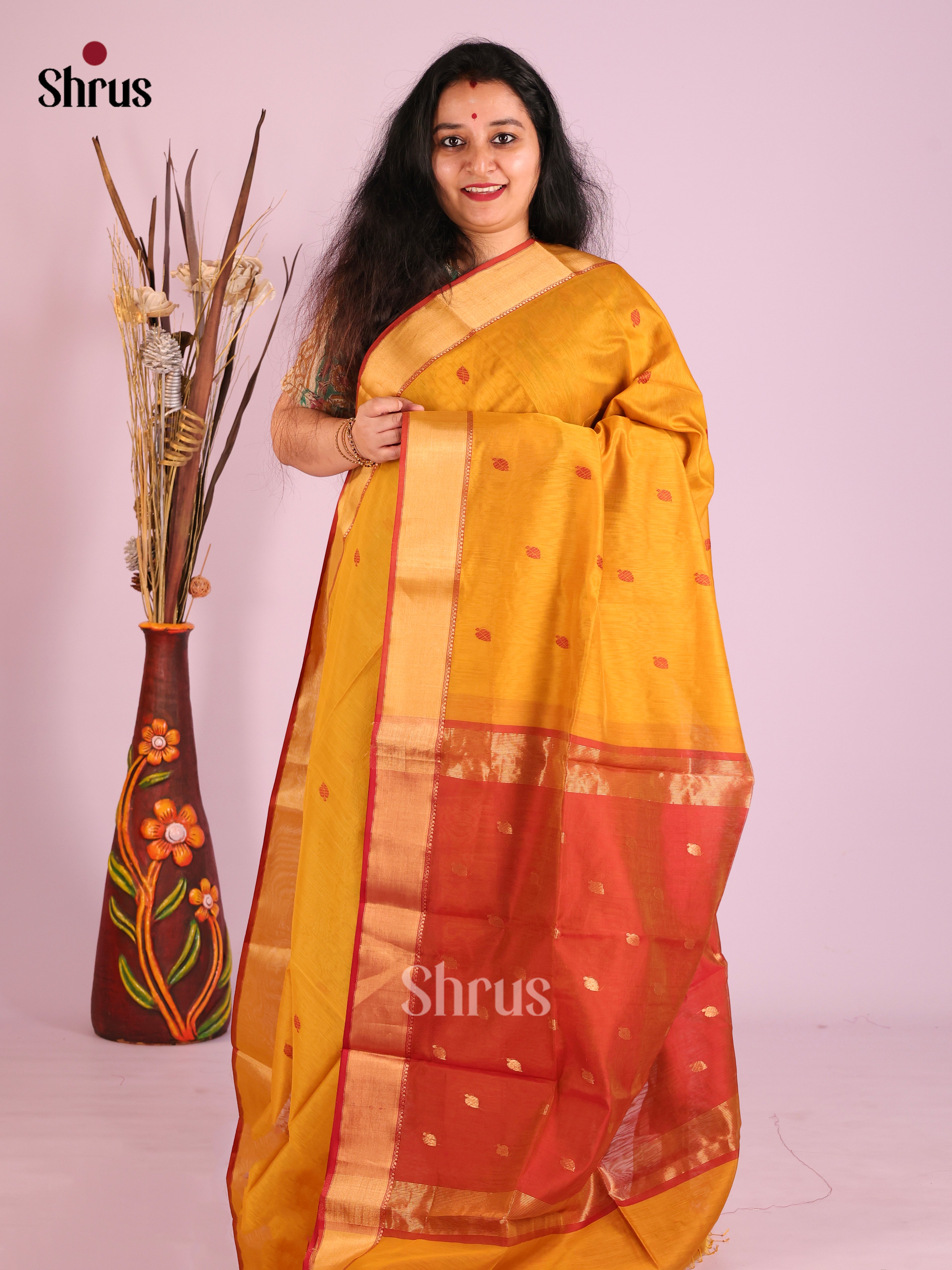 Mustard & Red - Maheshwari silkcotton Saree - Shop on Shrus.com
