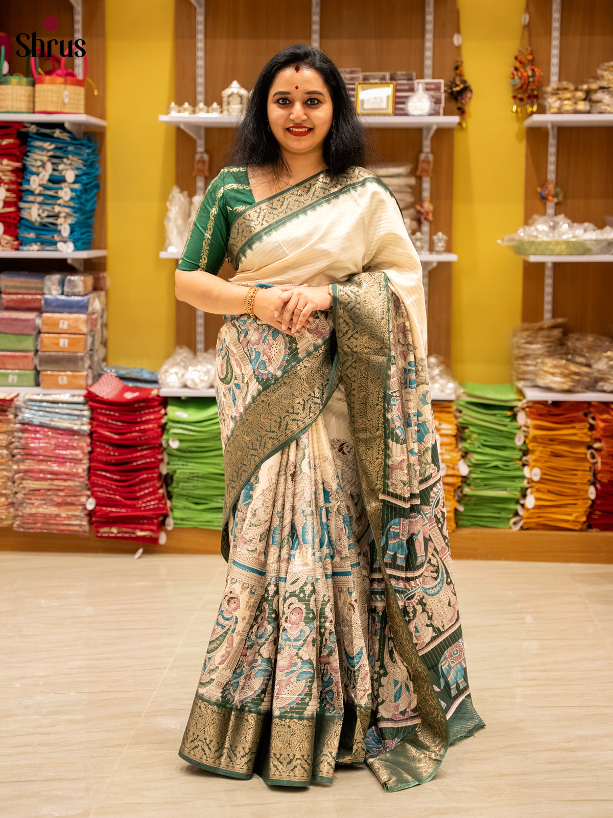 Cream & Green - Semi Tussar Saree