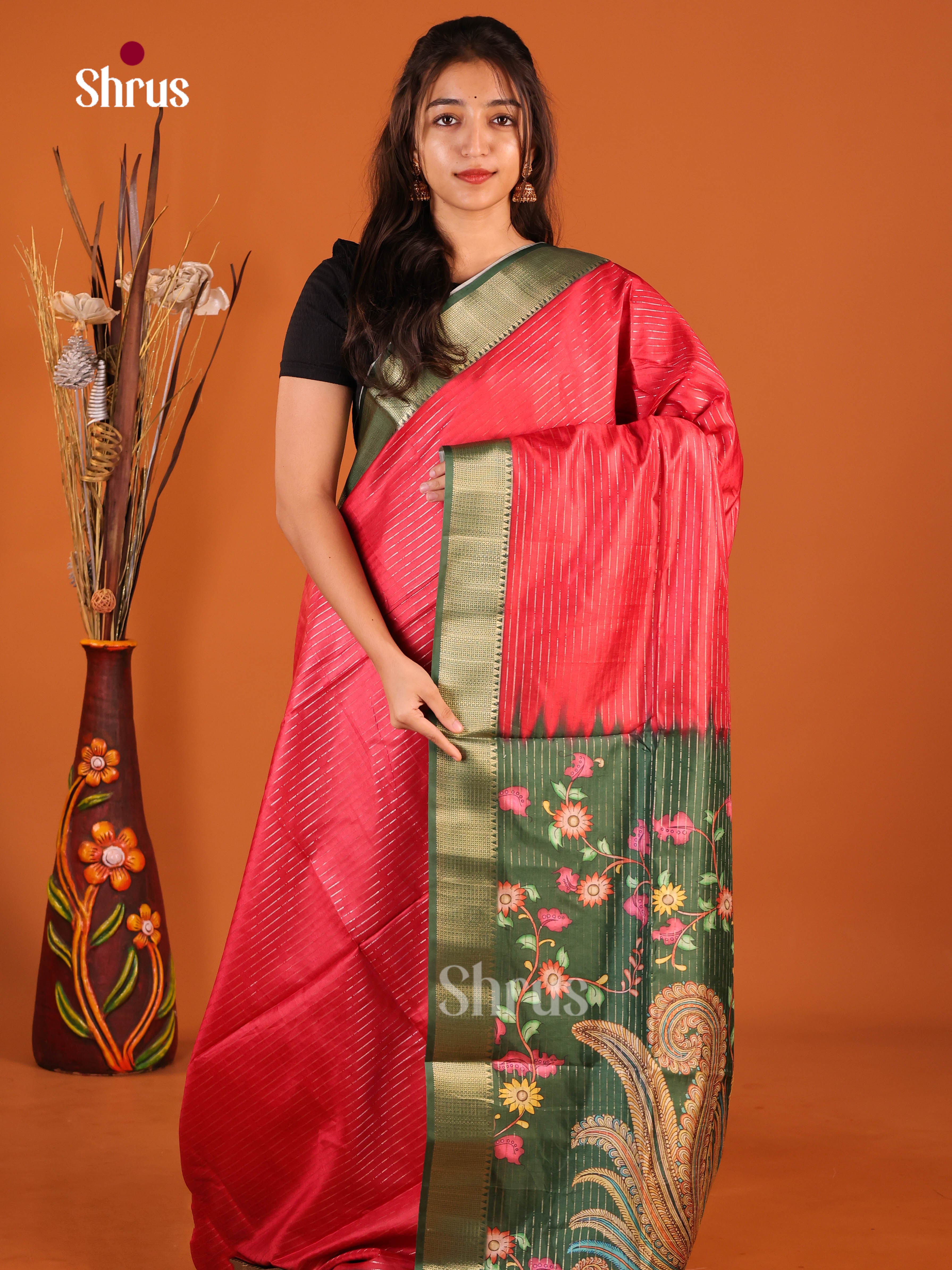 Red & Green - Semi Dola silk Saree
