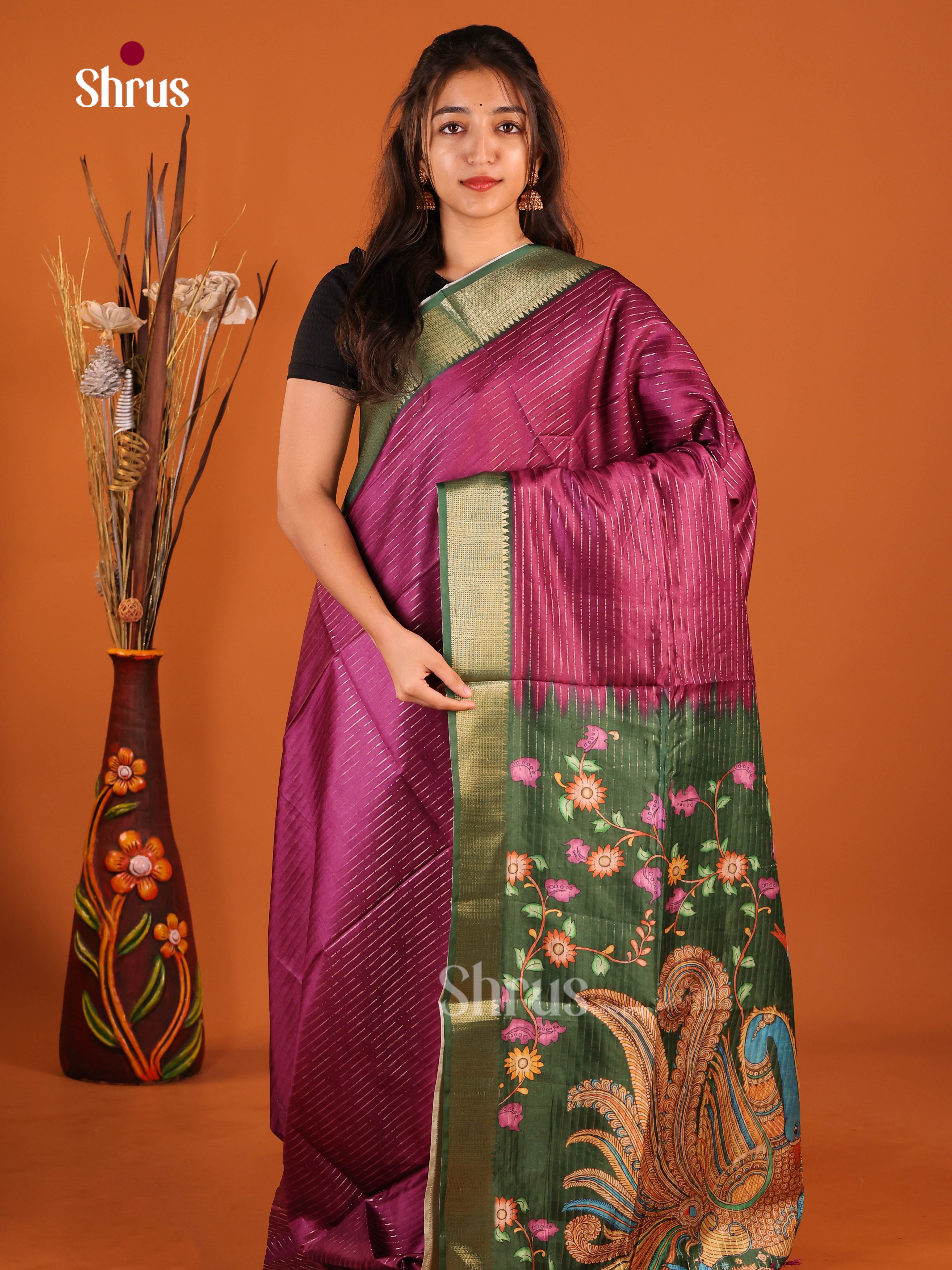 Purple & Green - Semi Dola silk Saree - Shop on Shrus.com