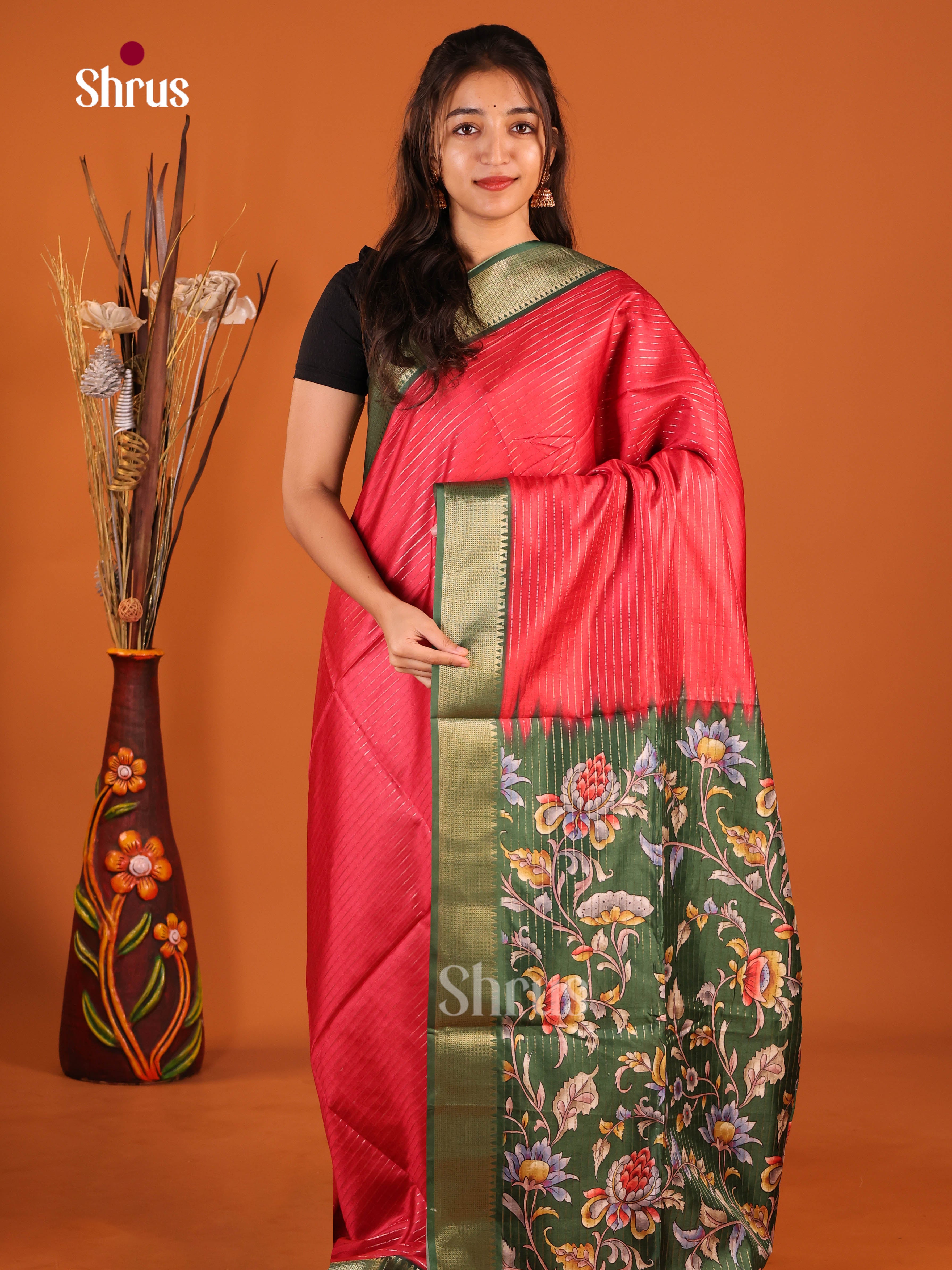 Red & Green - Semi Dola silk Saree