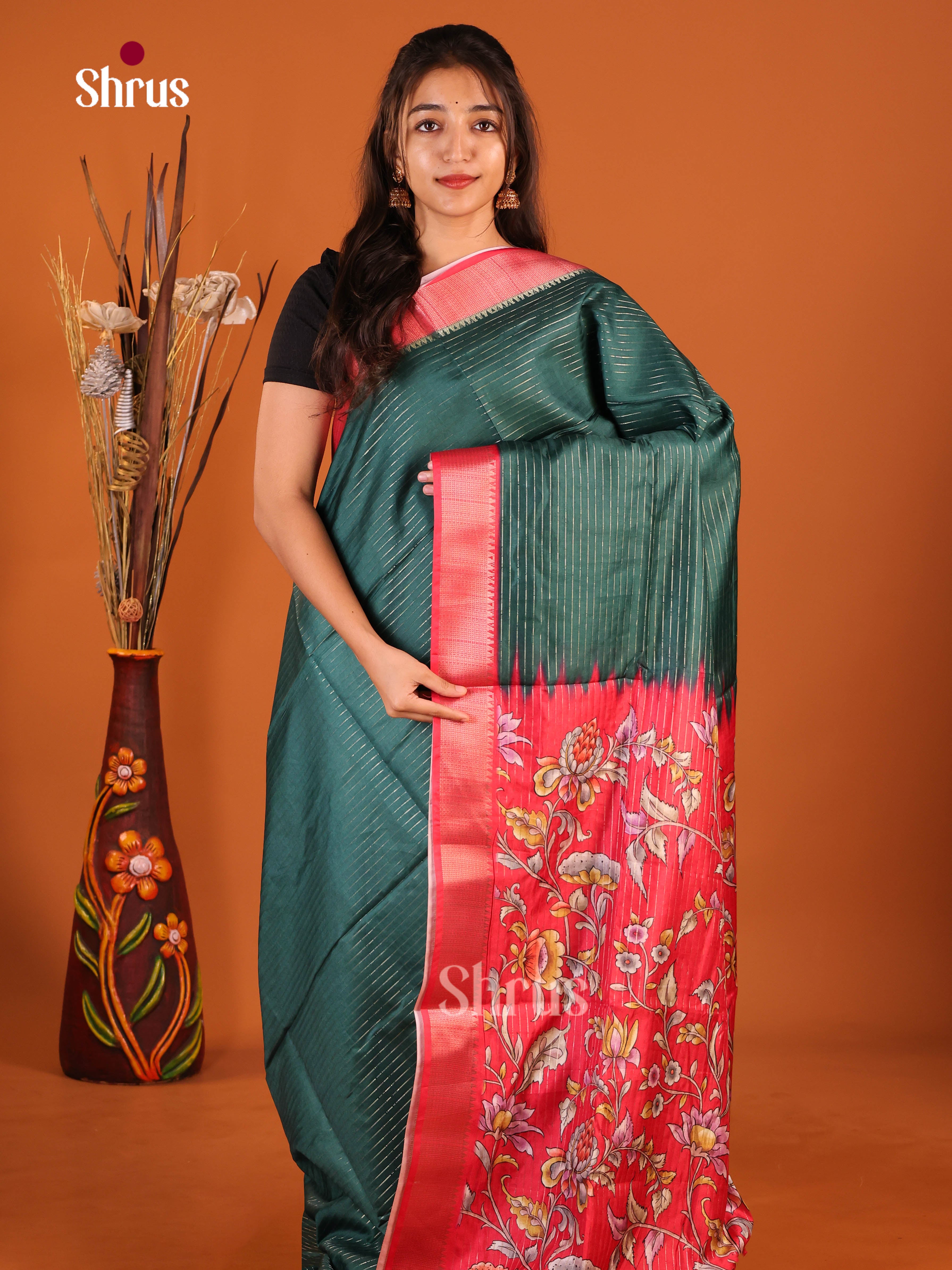 Green & Red - Semi Dola silk Saree - Shop on Shrus.com