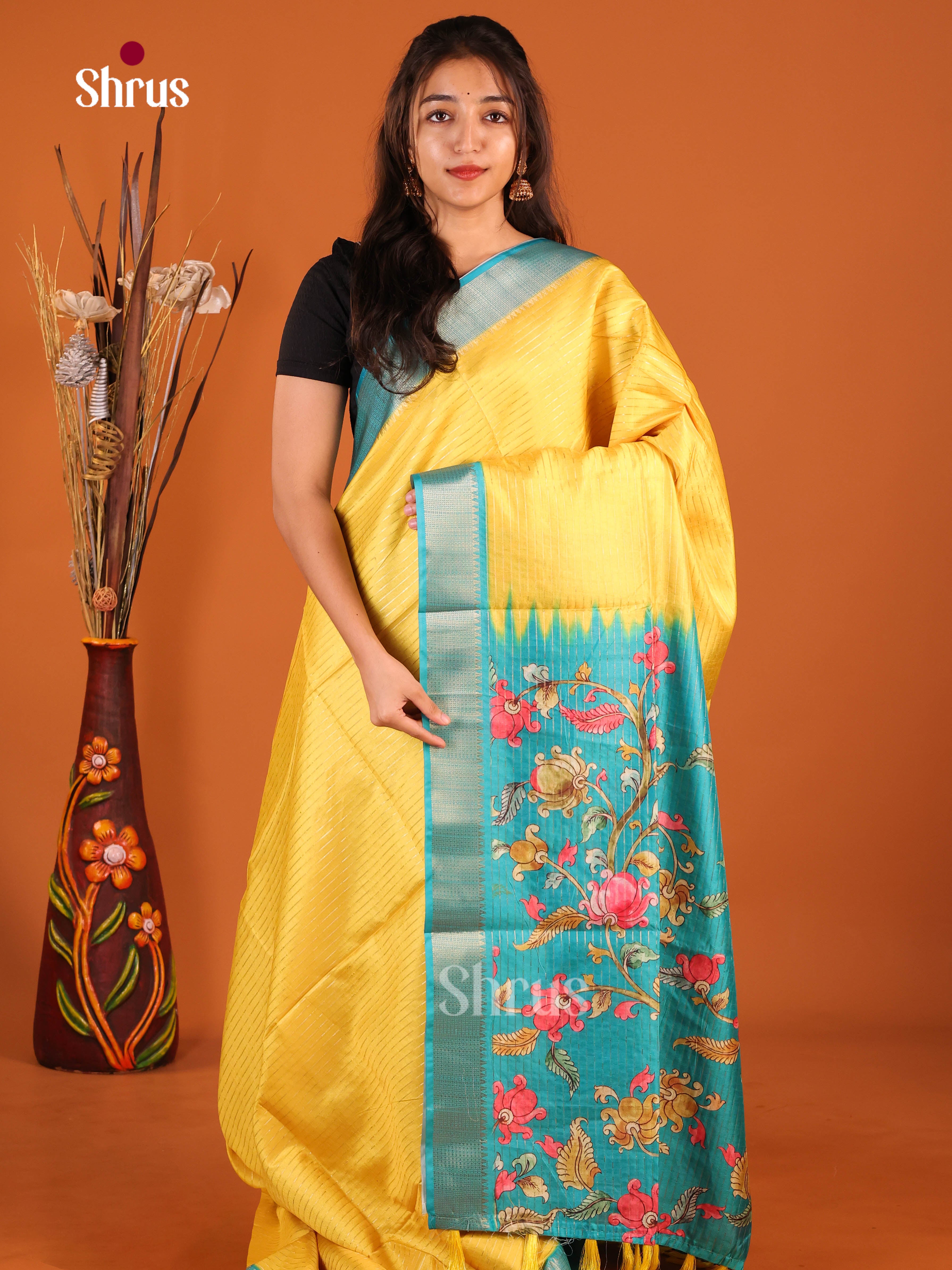 Yellow & Blue - Semi Dola silk Saree