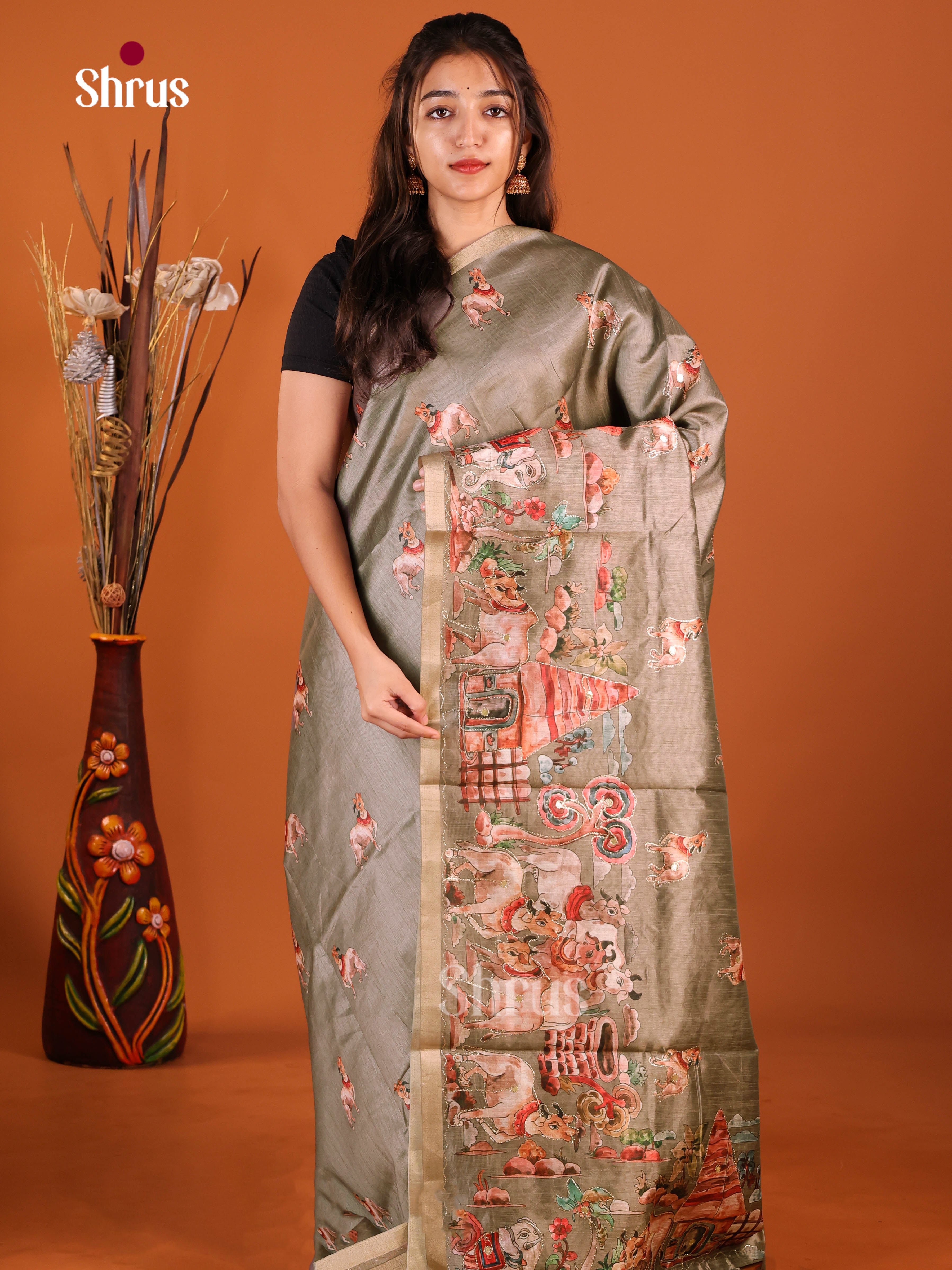 Grey - Semi Chanderi Saree - Shop on Shrus.com