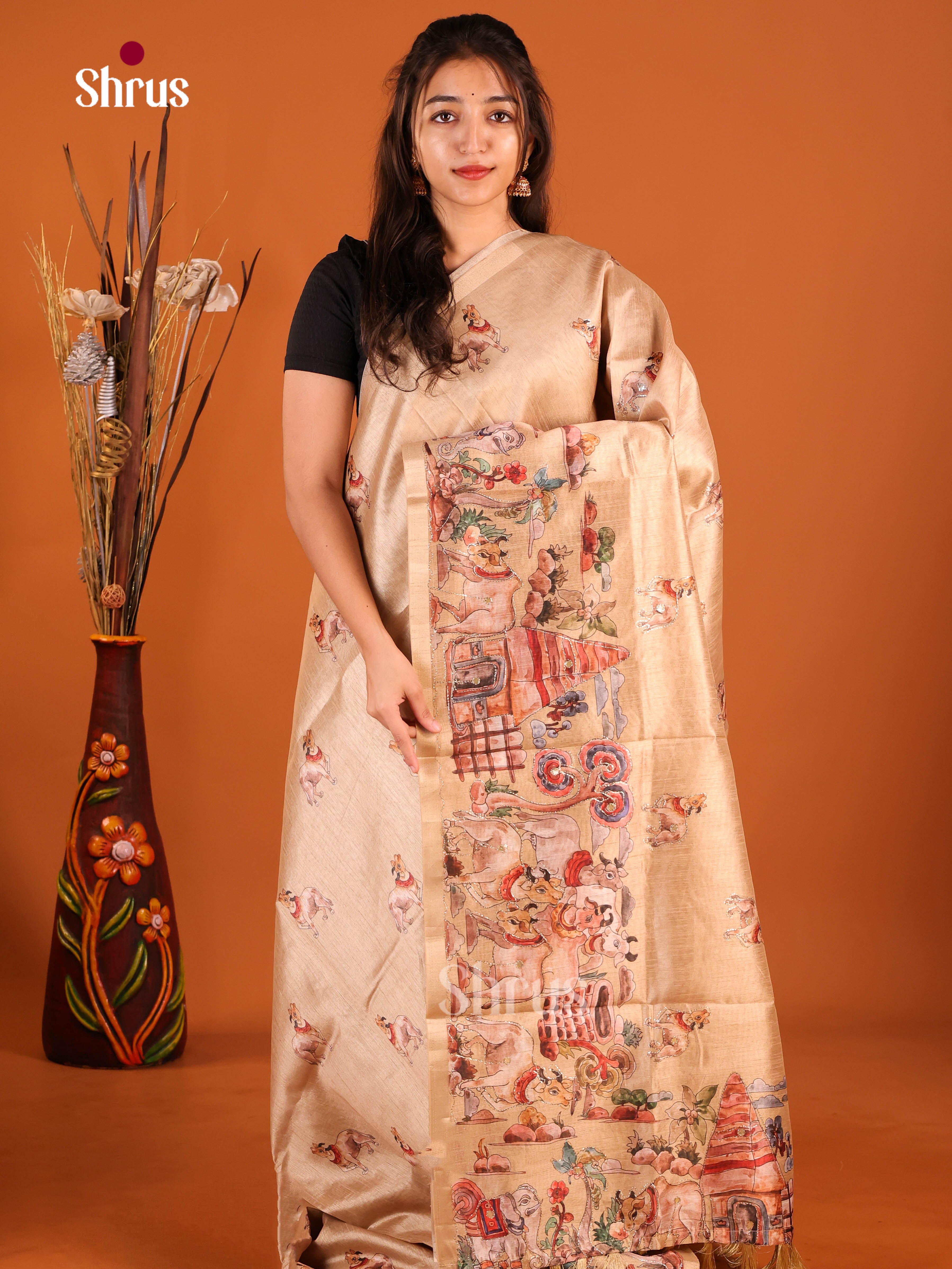 Light Brown - Semi Chanderi Saree