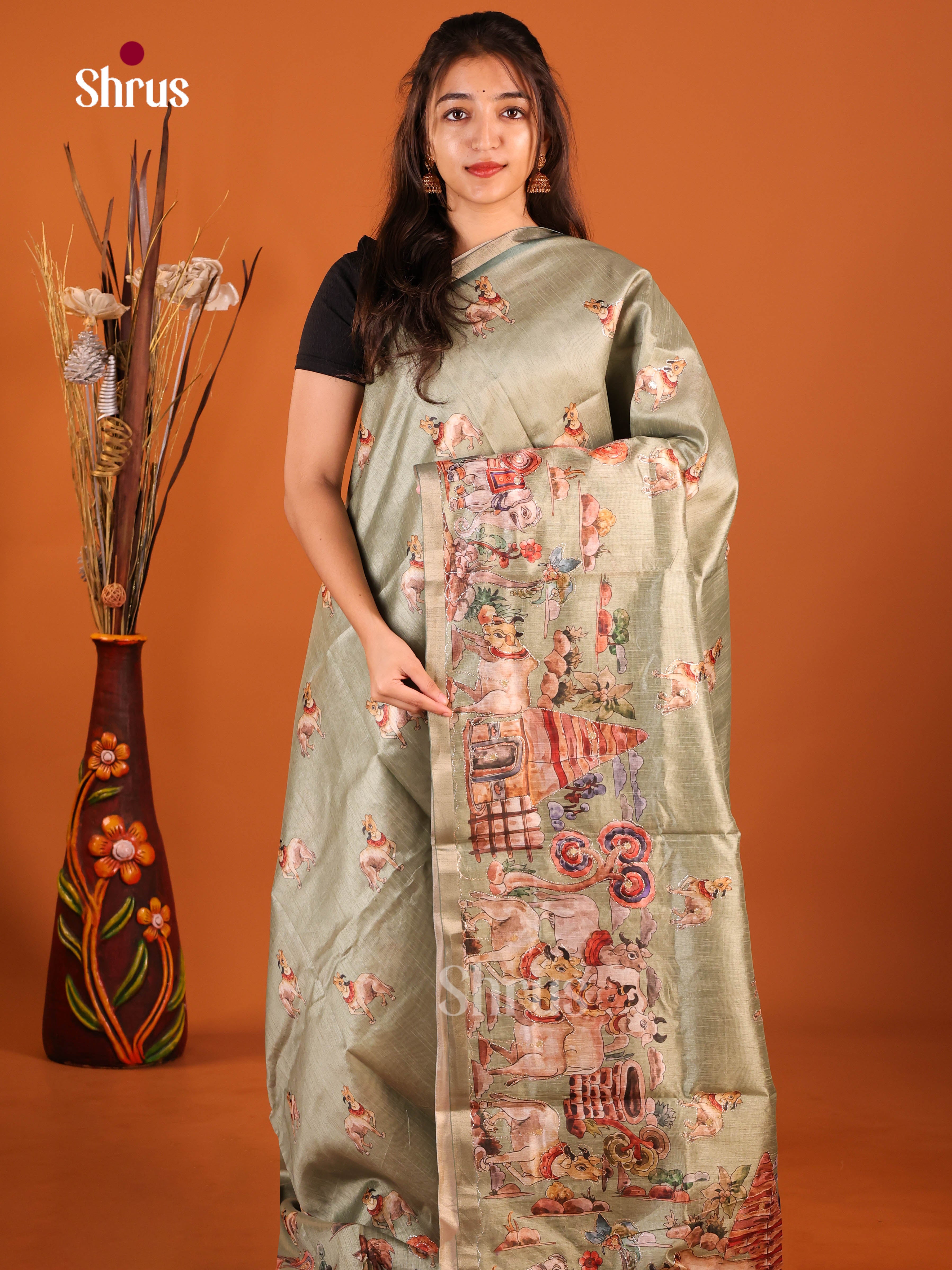 Pastel Green- Semi Chanderi Saree - Shop on Shrus.com