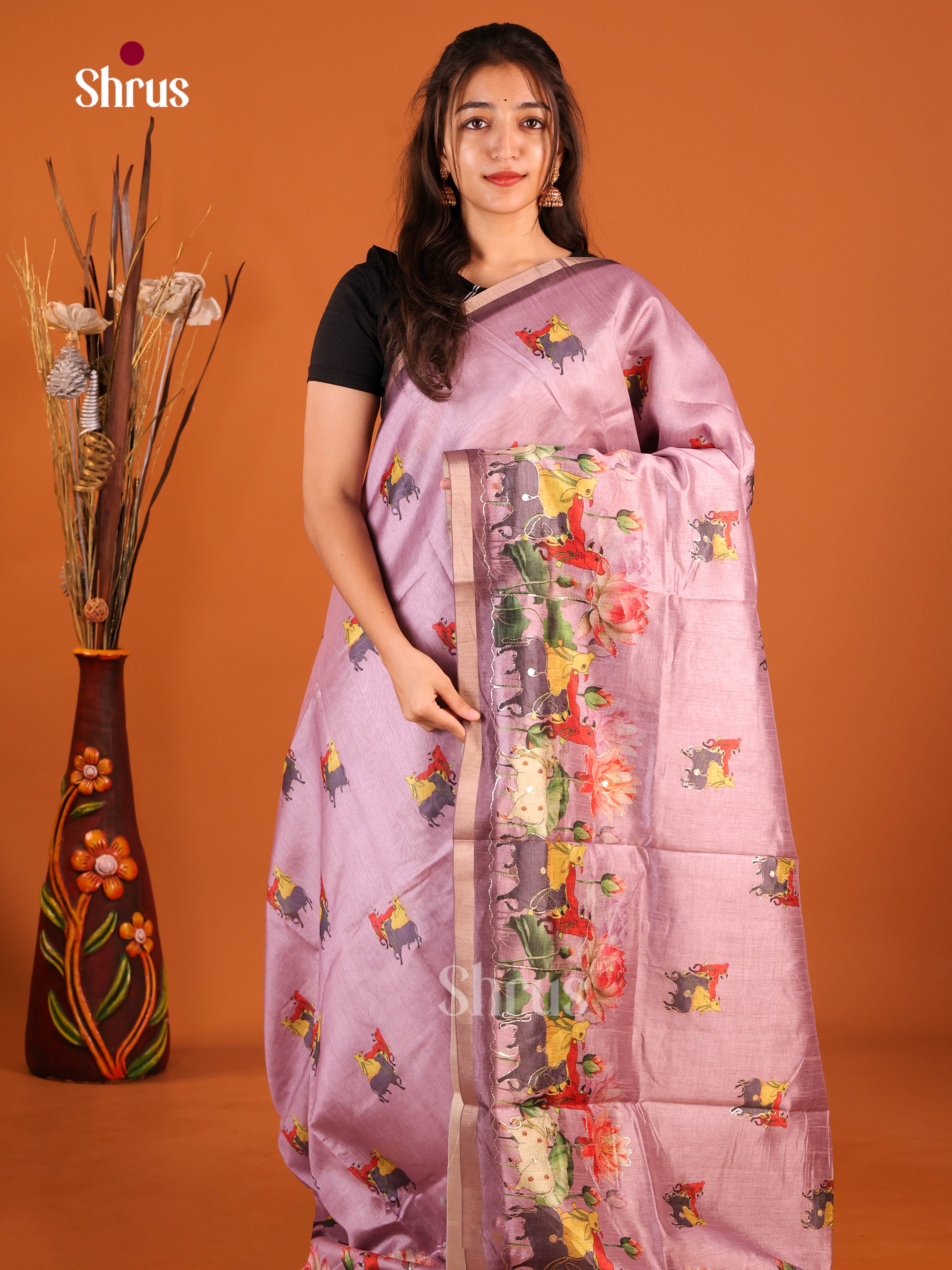 Purple - Semi Chanderi Saree - Shop on Shrus.com