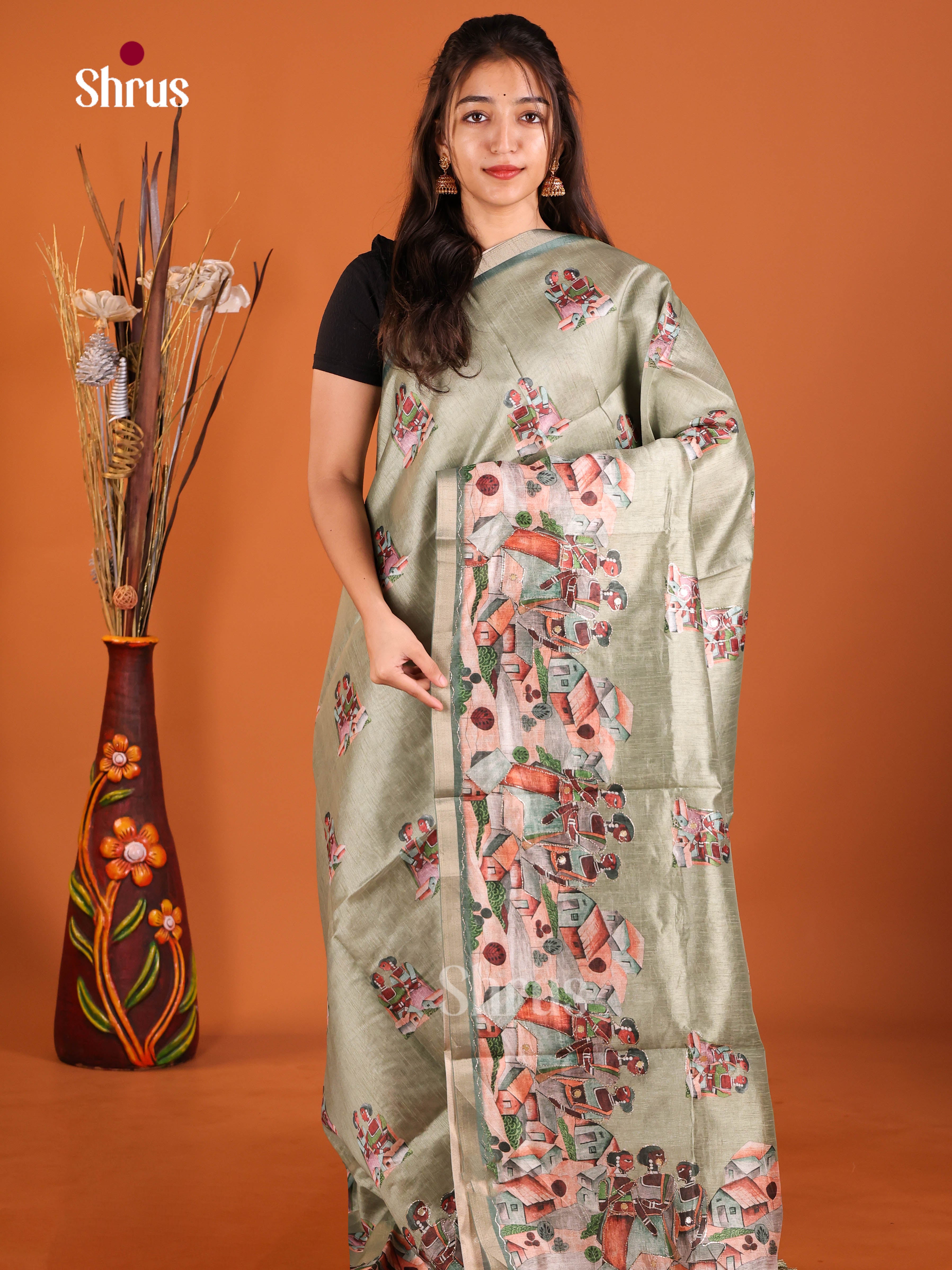 Pastel Green - Semi Chanderi Saree - Shop on Shrus.com
