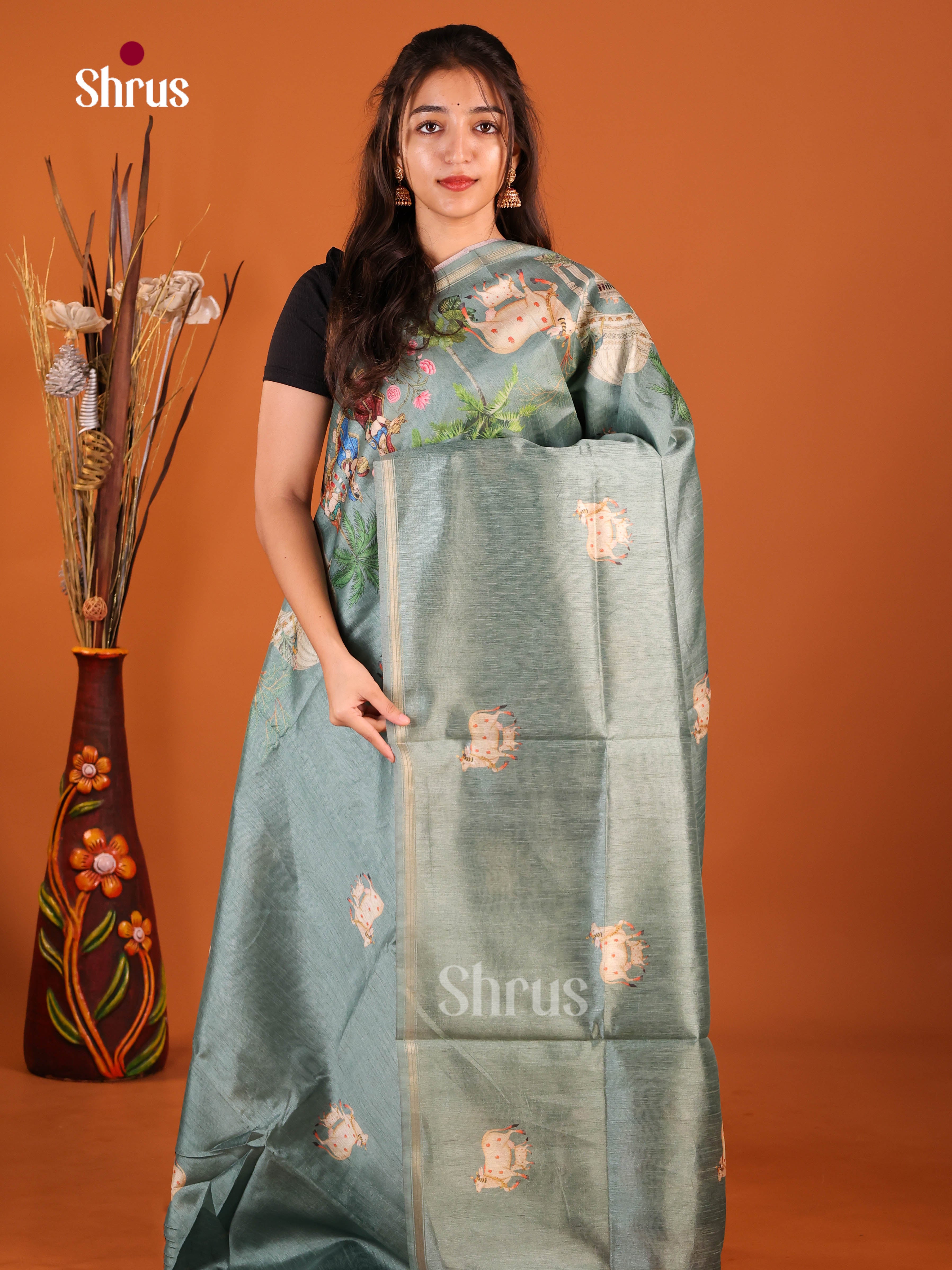 Pastel Grey- Semi Chanderi Saree - Shop on Shrus.com
