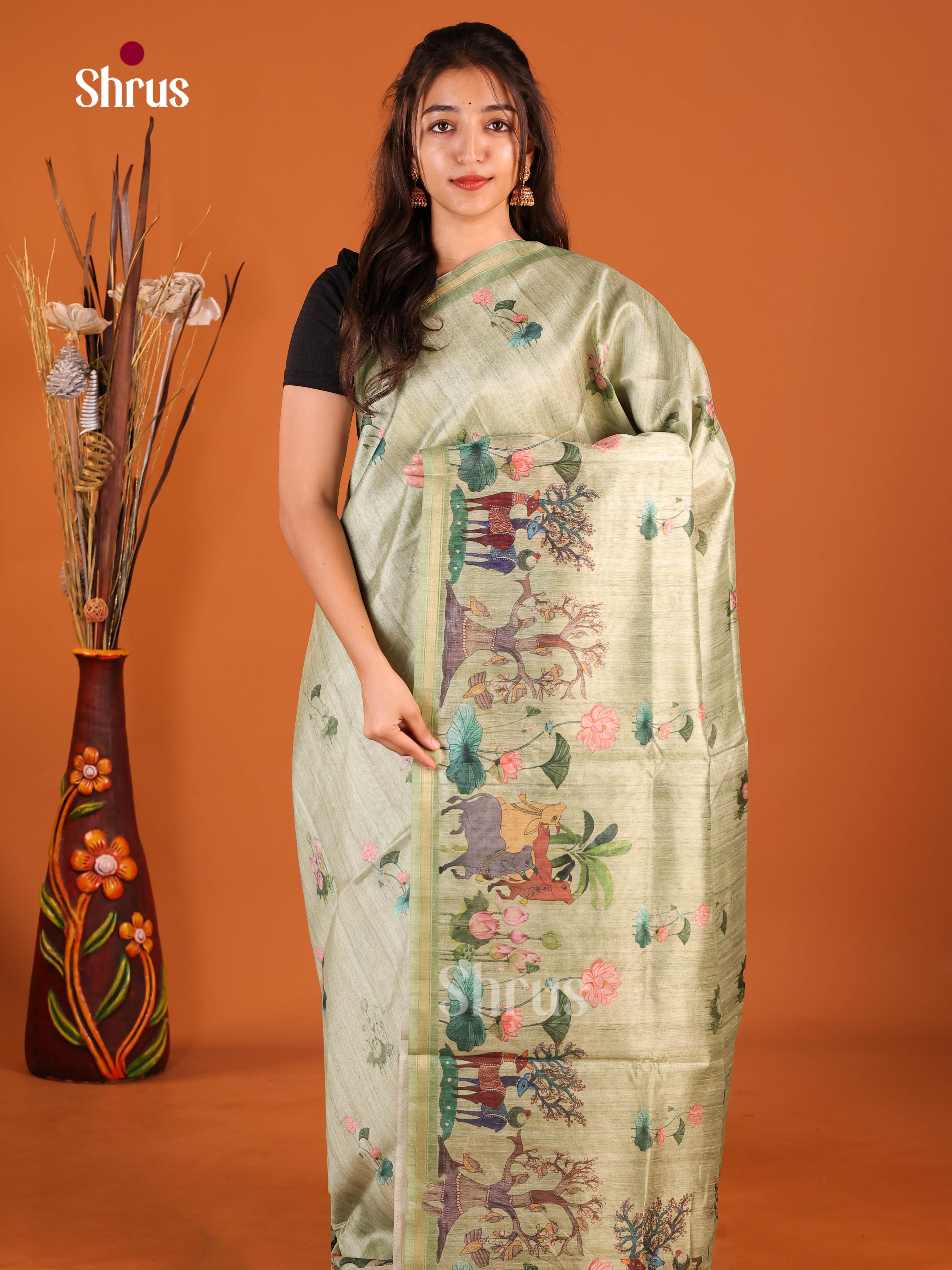 Pastel Green - Semi Chanderi Saree - Shop on Shrus.com