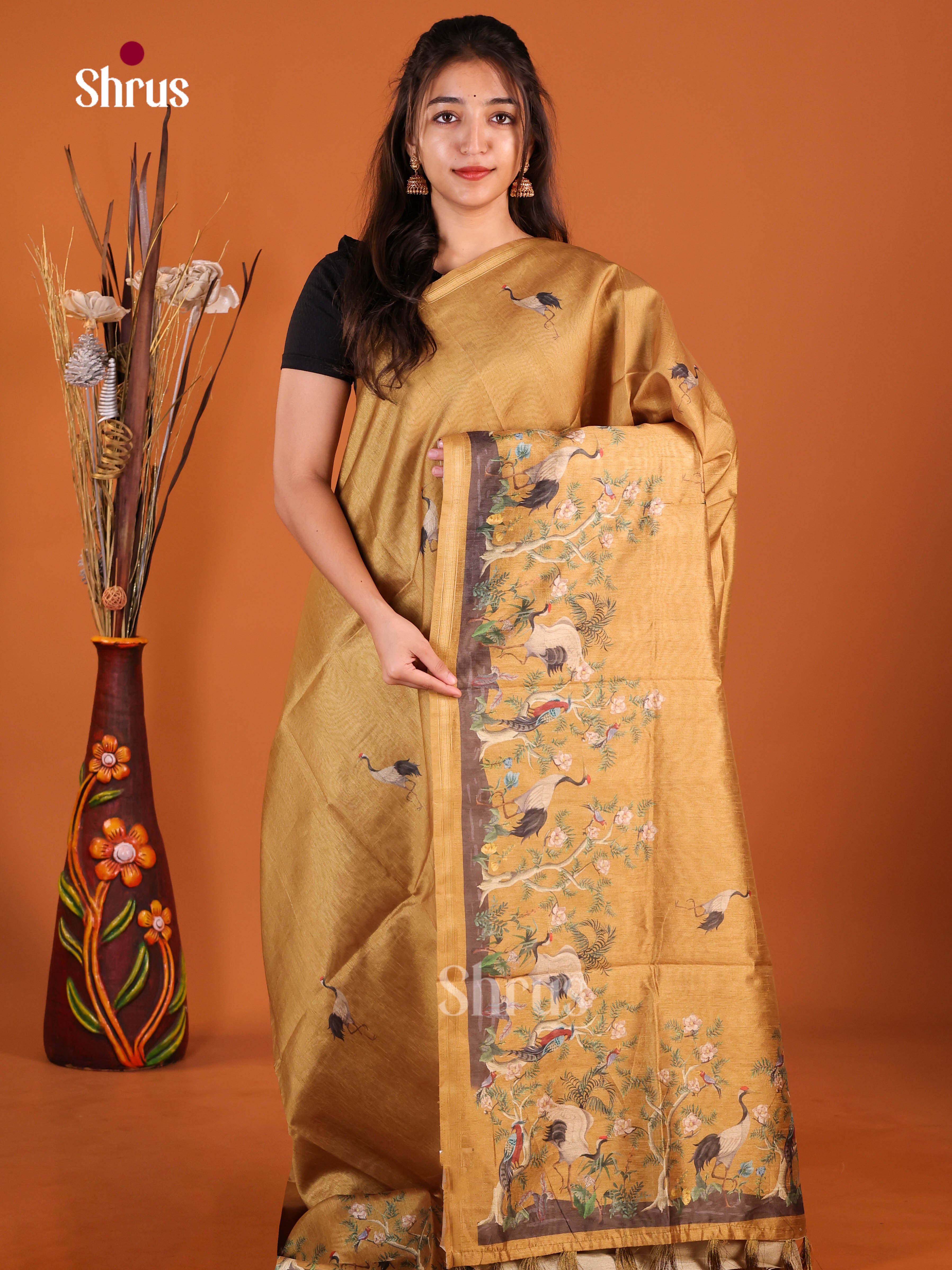 Dark Mustard - Semi Chanderi Saree - Shop on Shrus.com