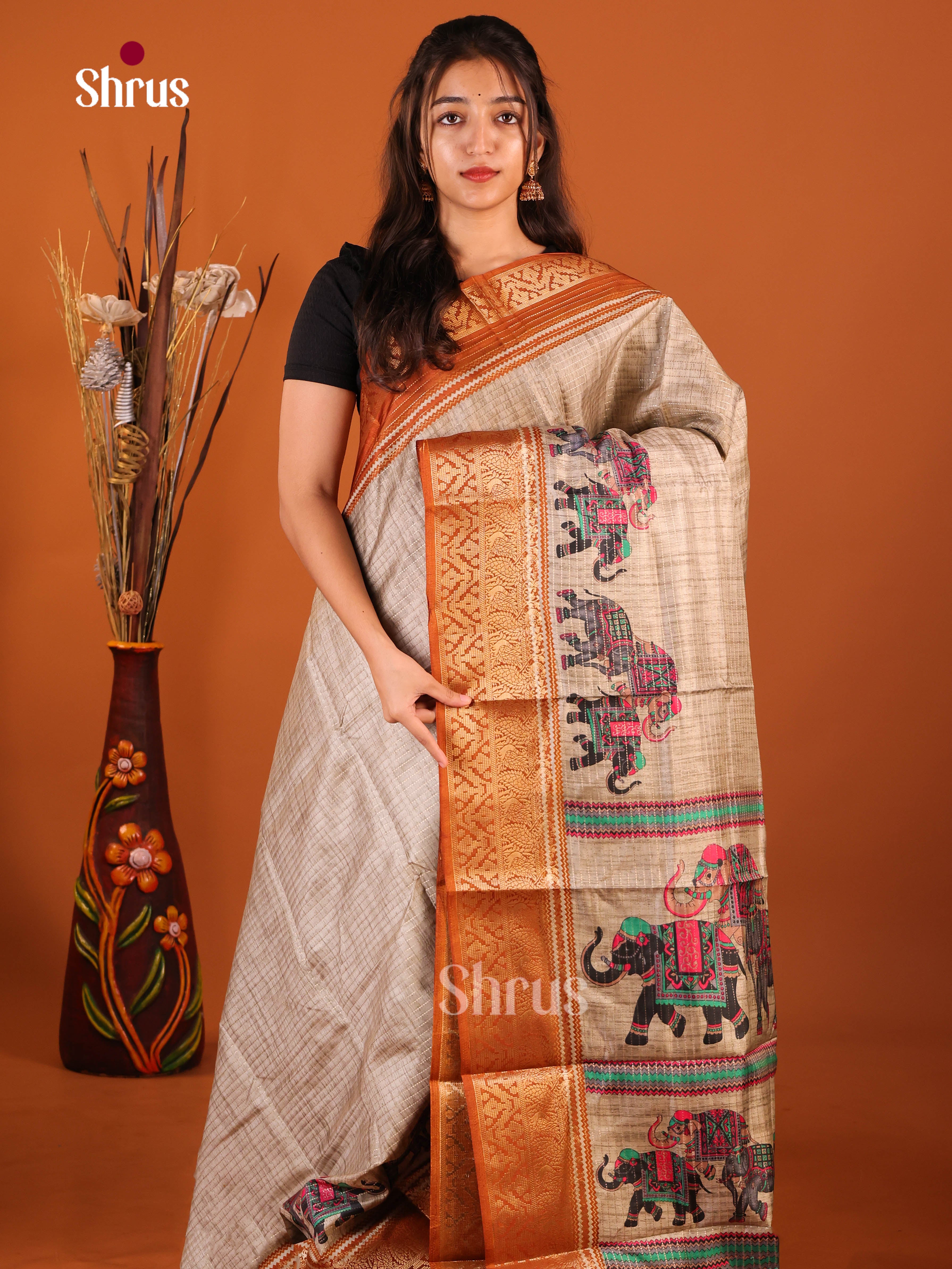 Grey & Brown- Semi Dola silk Saree - Shop on Shrus.com