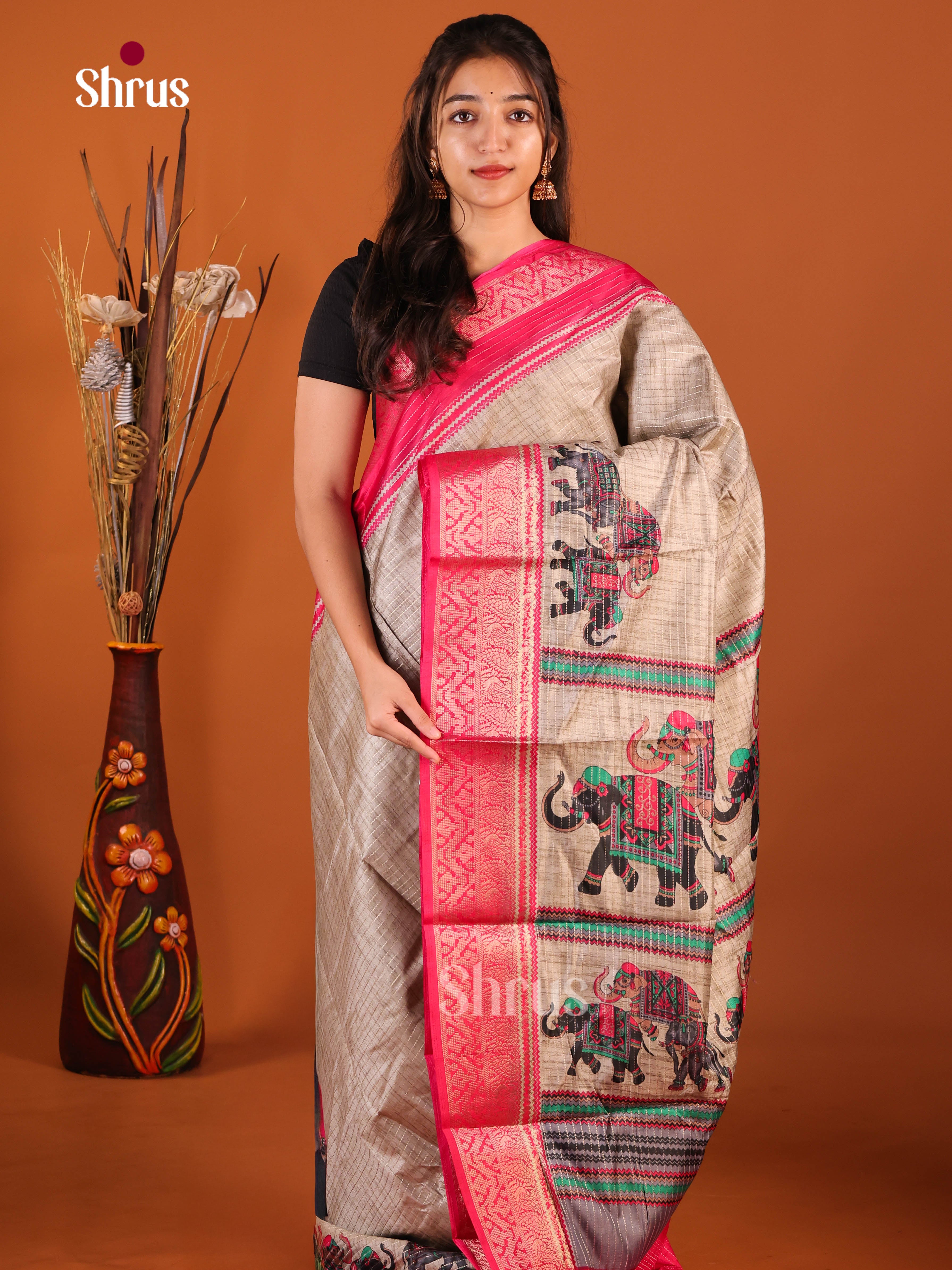 Grey & Red- Semi Dola silk Saree
