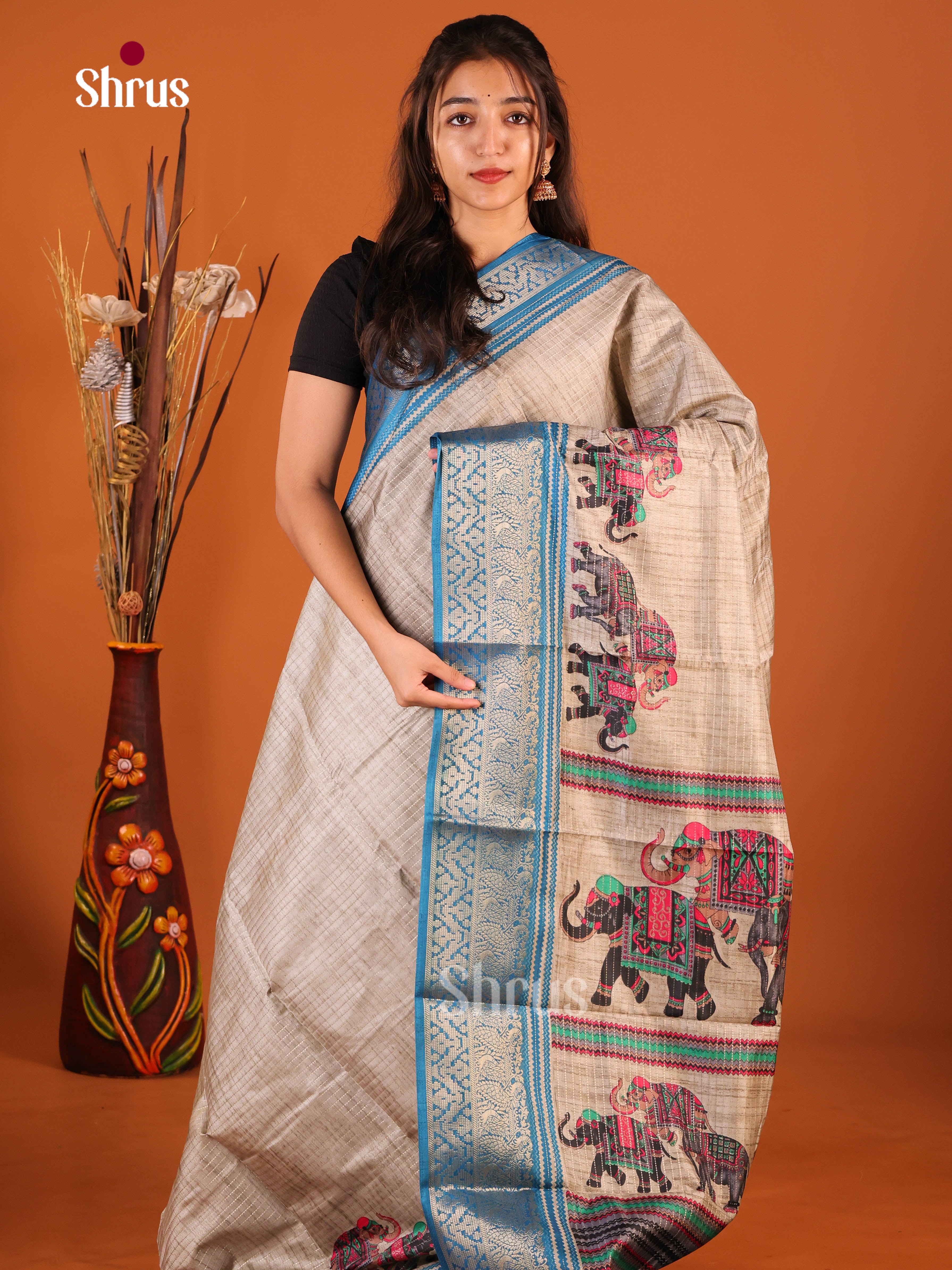 Grey & Blue- Semi Dola silk Saree