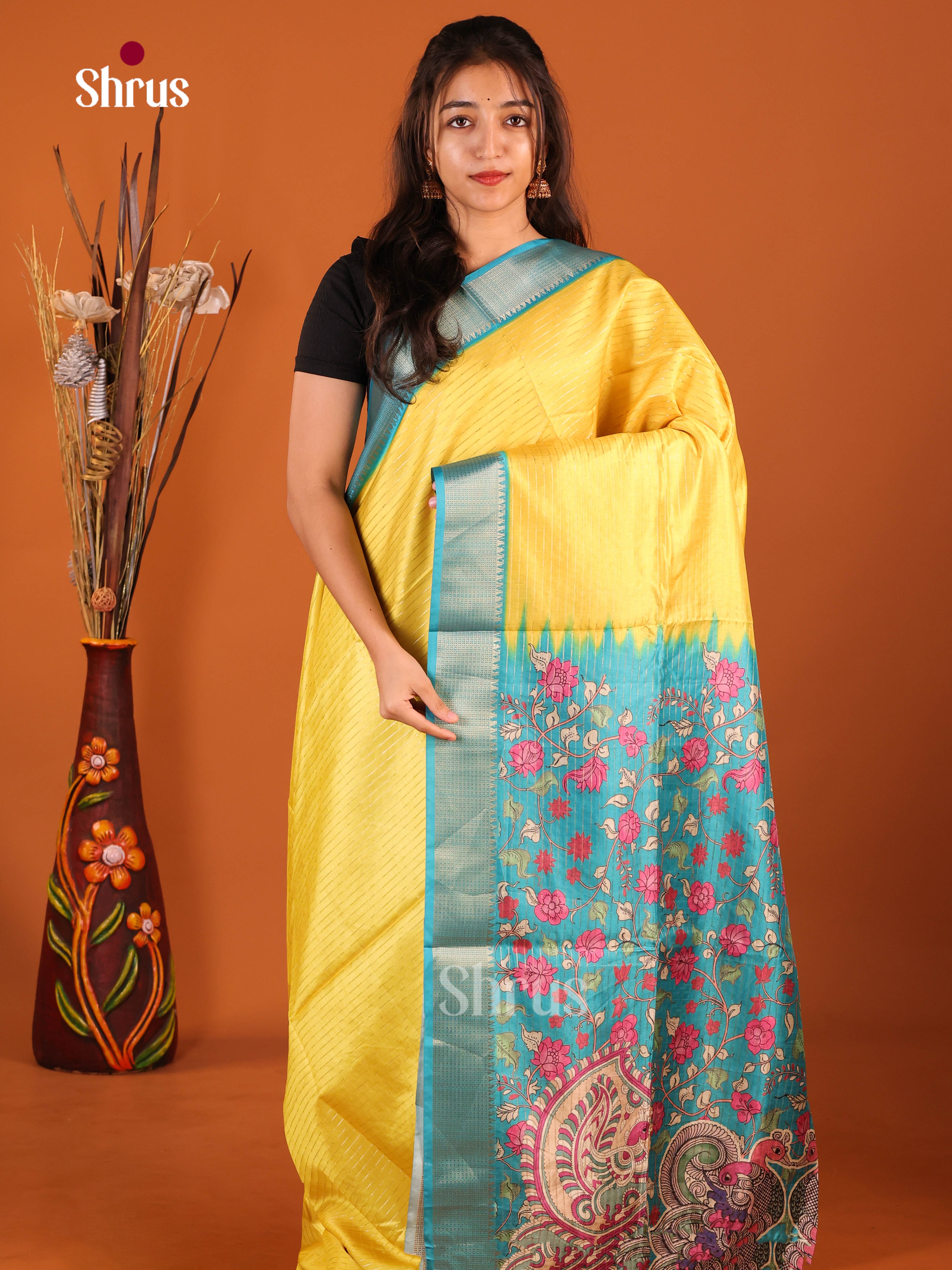 Yellow & Blue - Semi Dola silk Saree