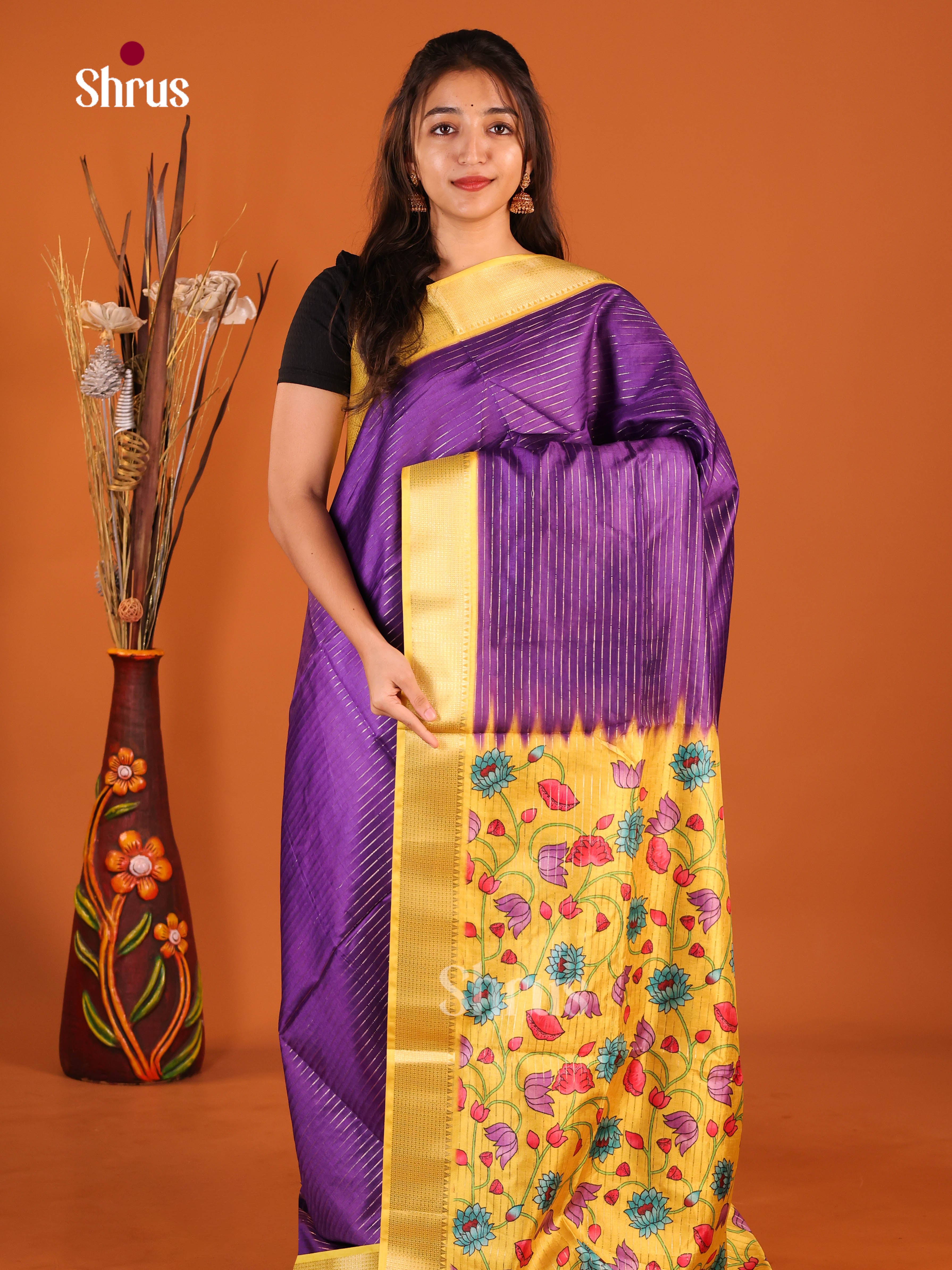 Violet & Yellow - Semi Dola silk Saree