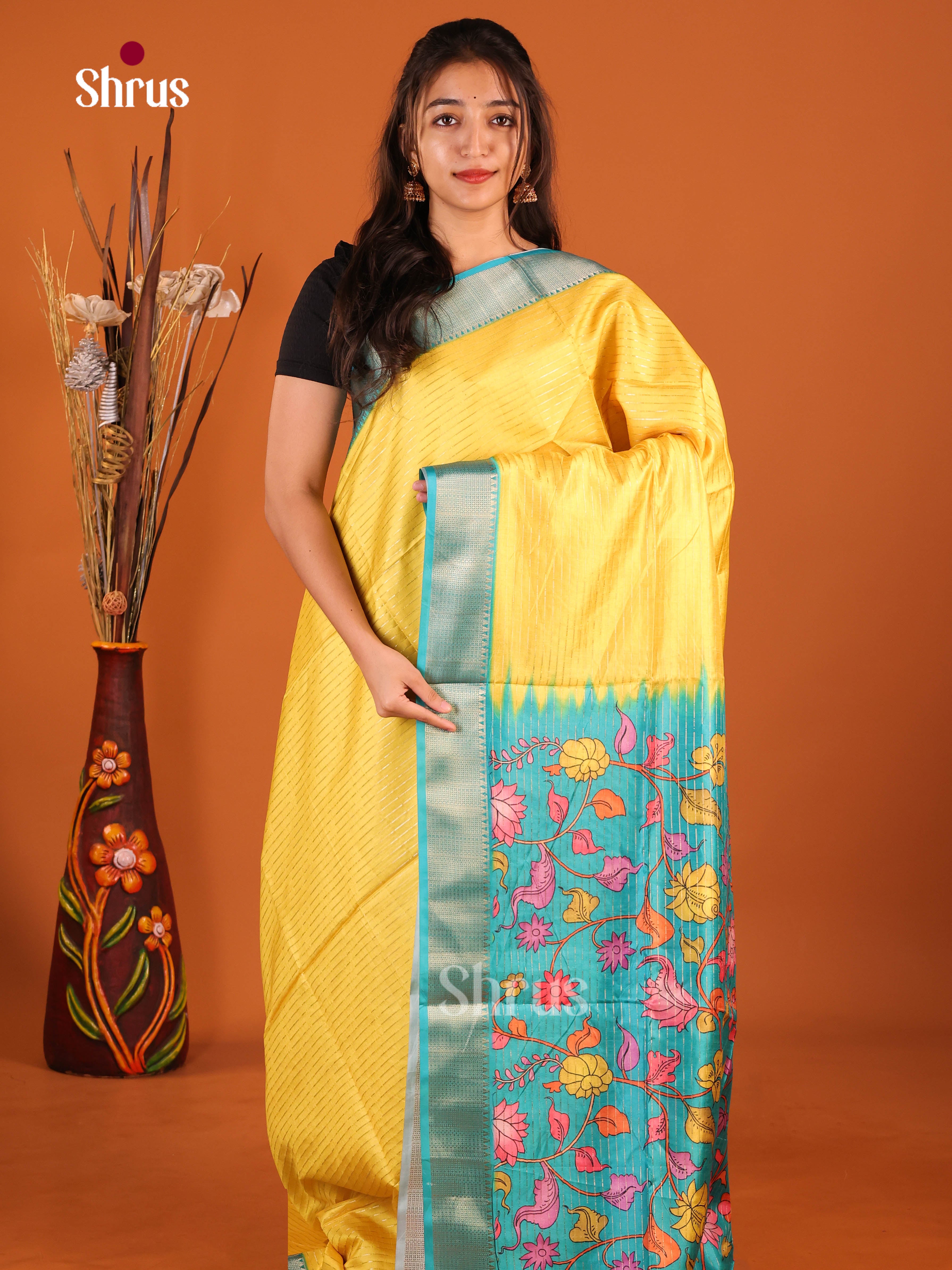 Yellow & Blue - Semi Dola silk Saree
