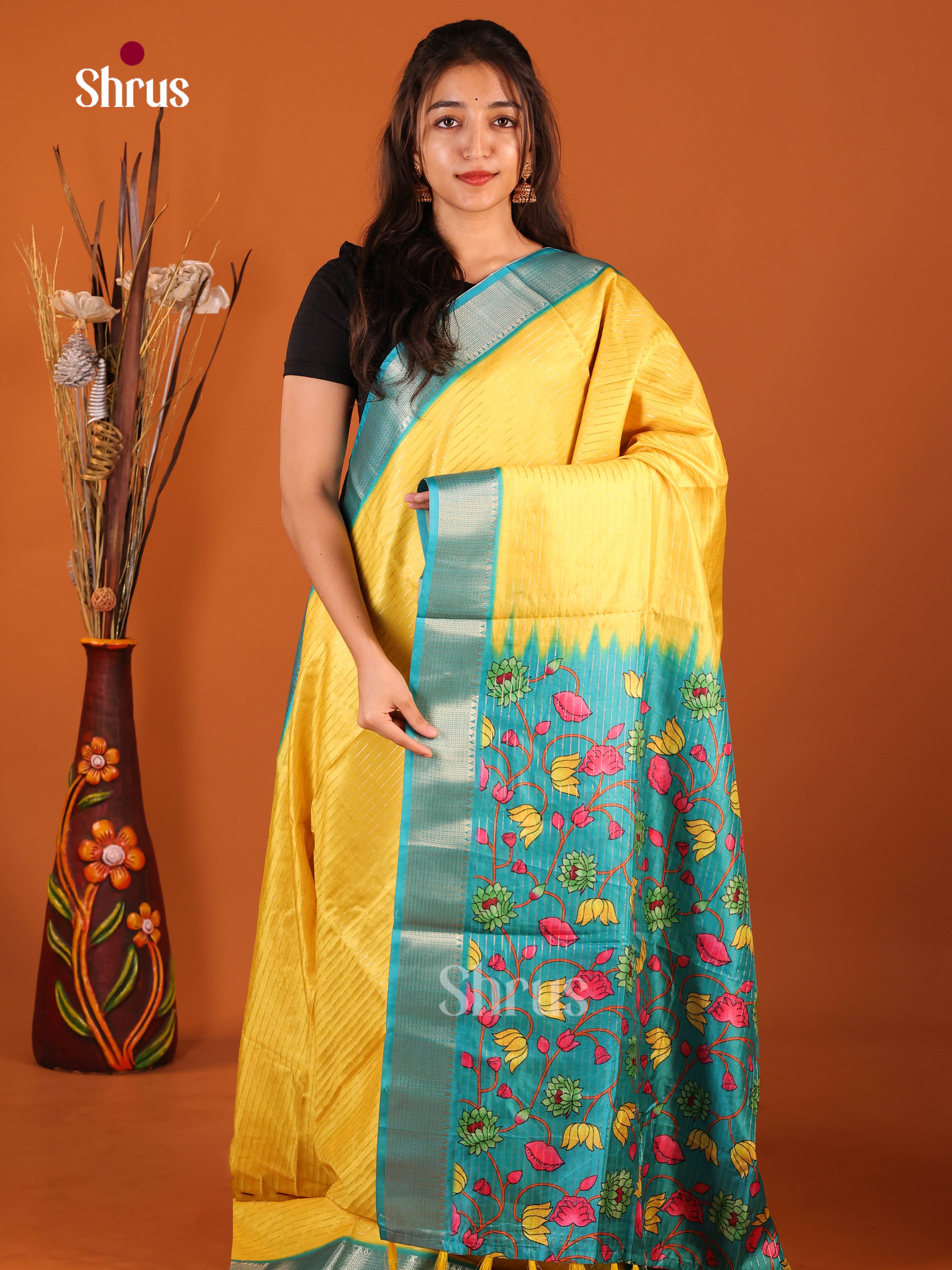 Yellow & Blue - Semi Dola silk Saree