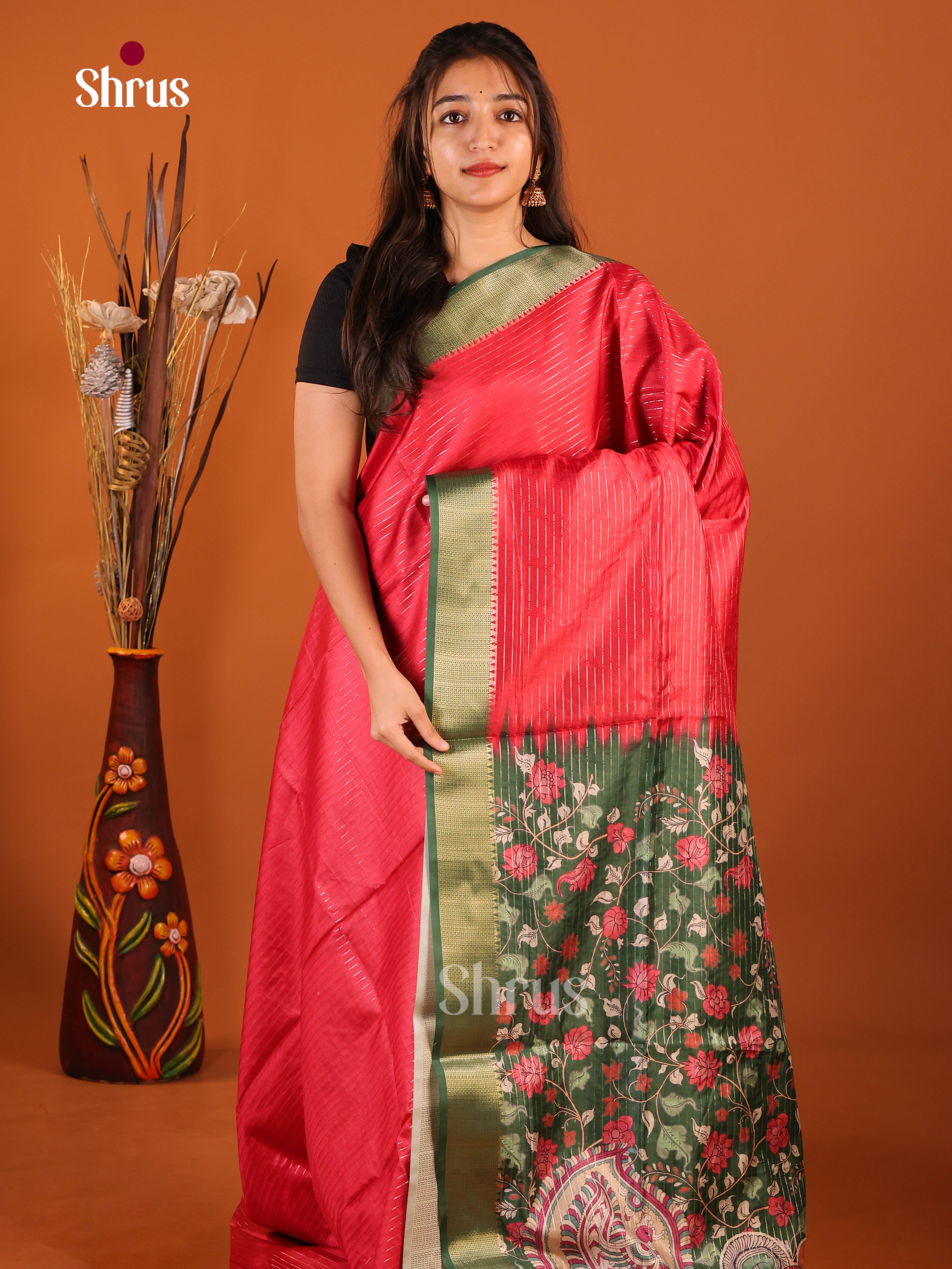Red & Green - Semi Dola silk Saree