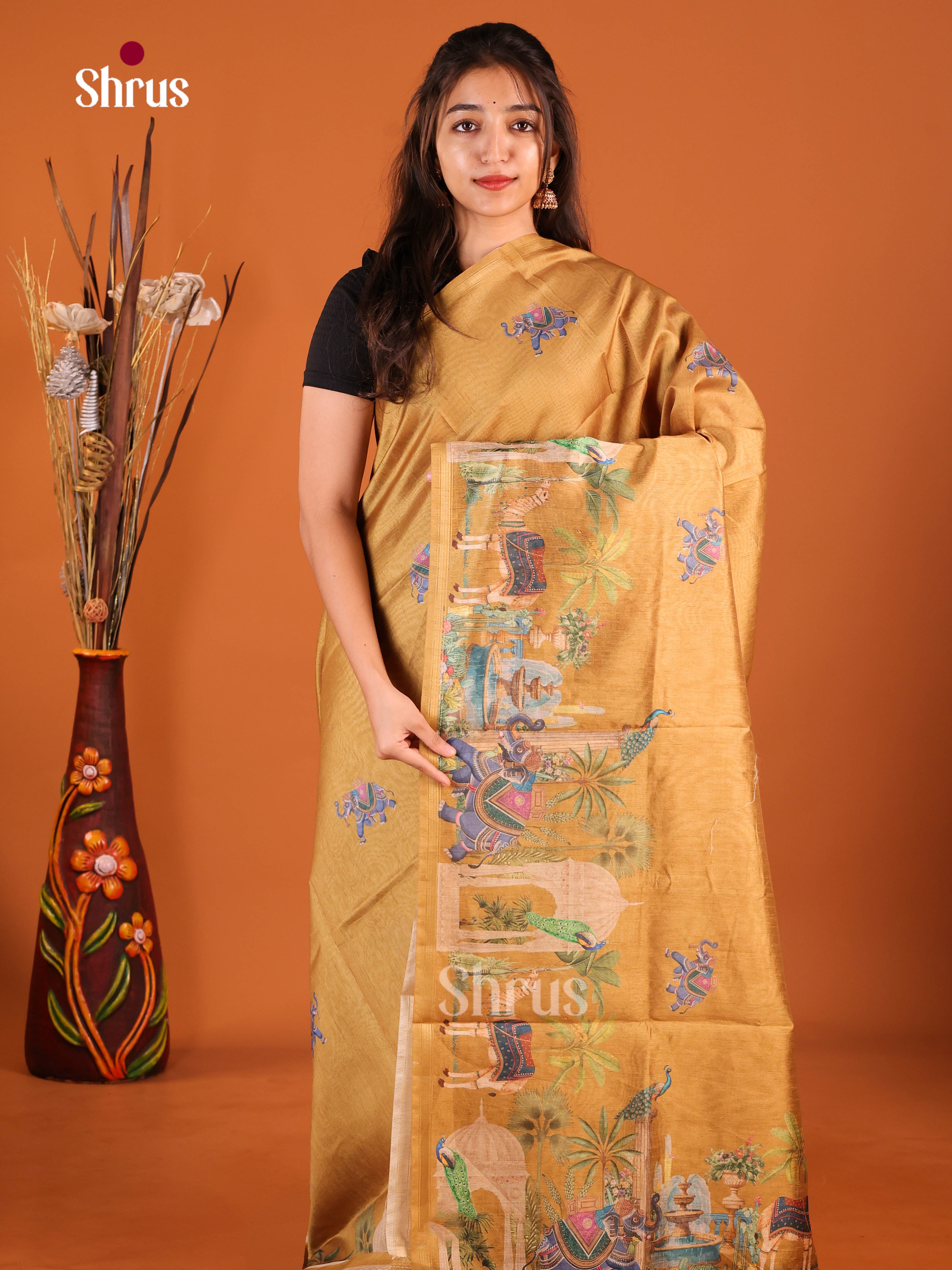 Dark Mustard - Semi Chanderi Saree - Shop on Shrus.com
