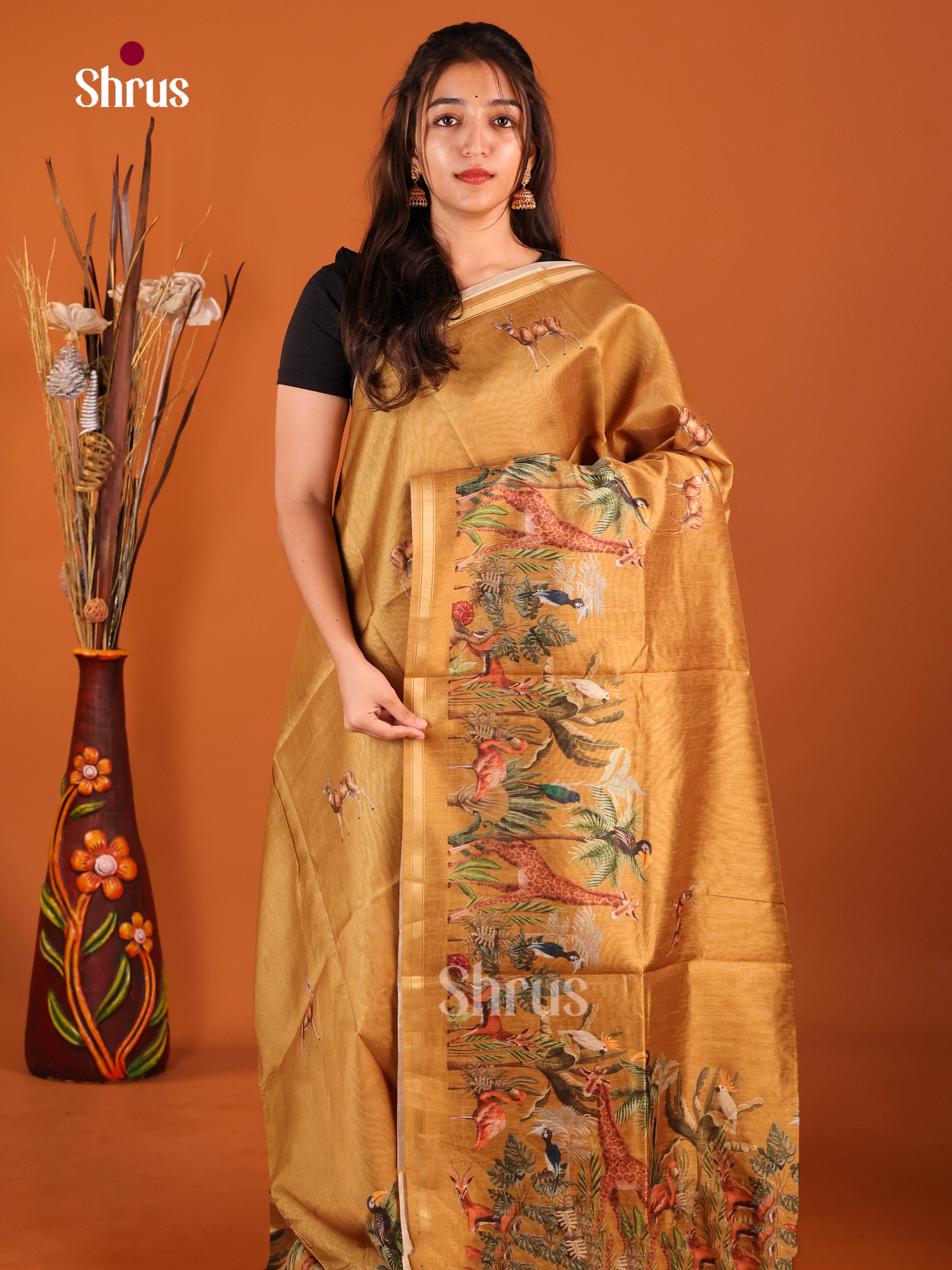 Dark Mustard - Semi Chanderi Saree - Shop on Shrus.com