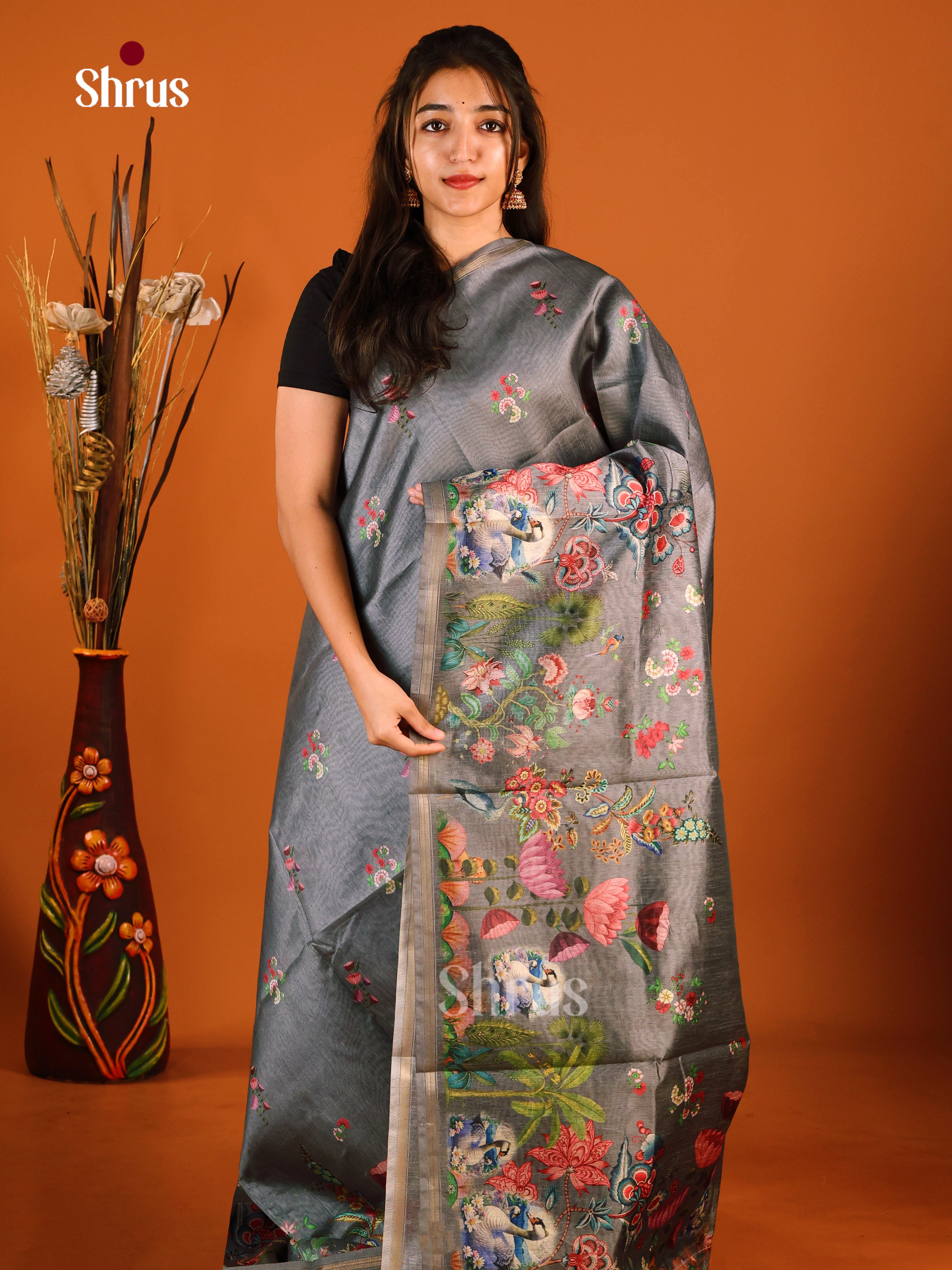Elephant black - Semi Chanderi Saree