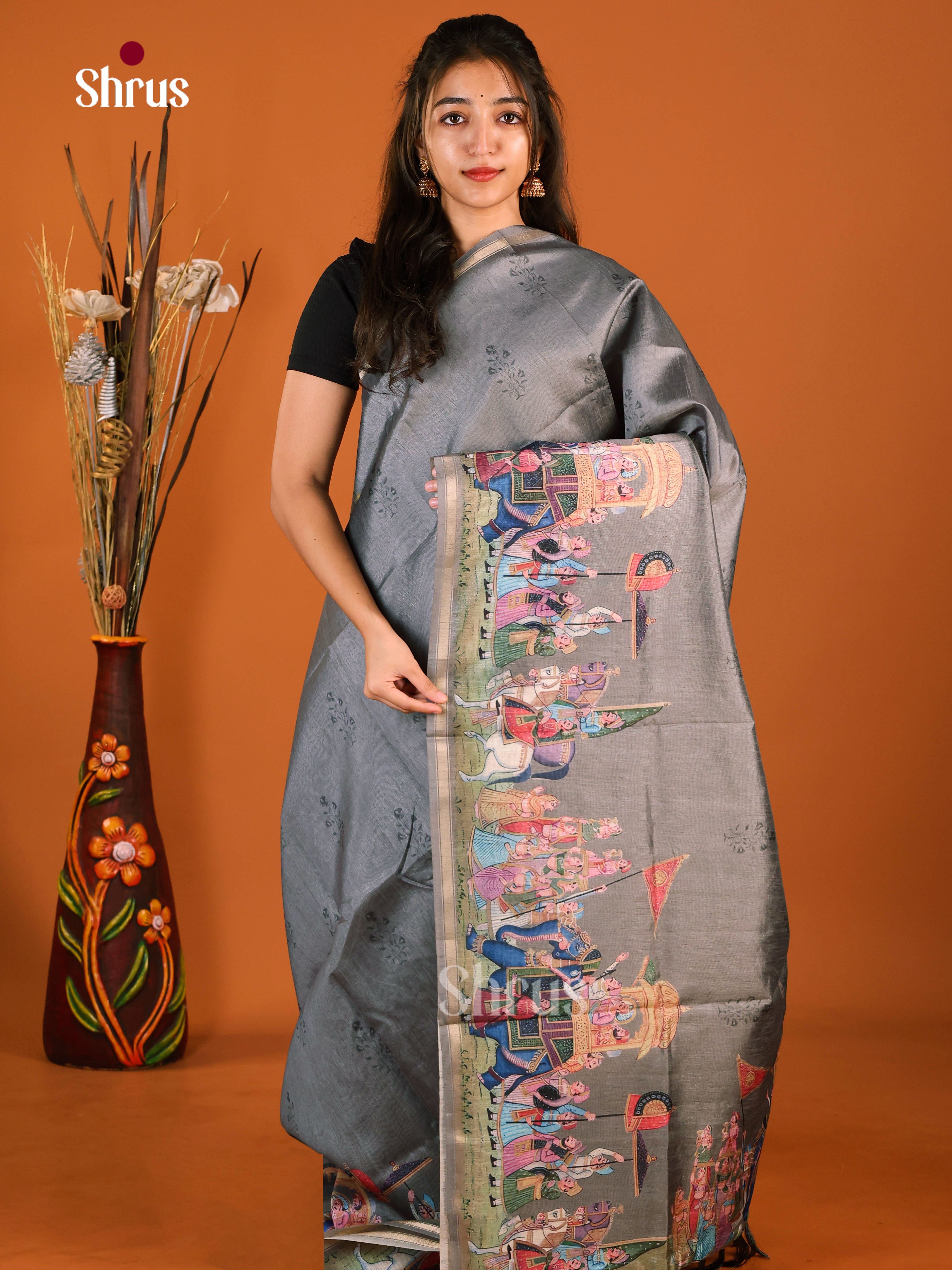 Grey - Semi Chanderi Saree - Shop on Shrus.com