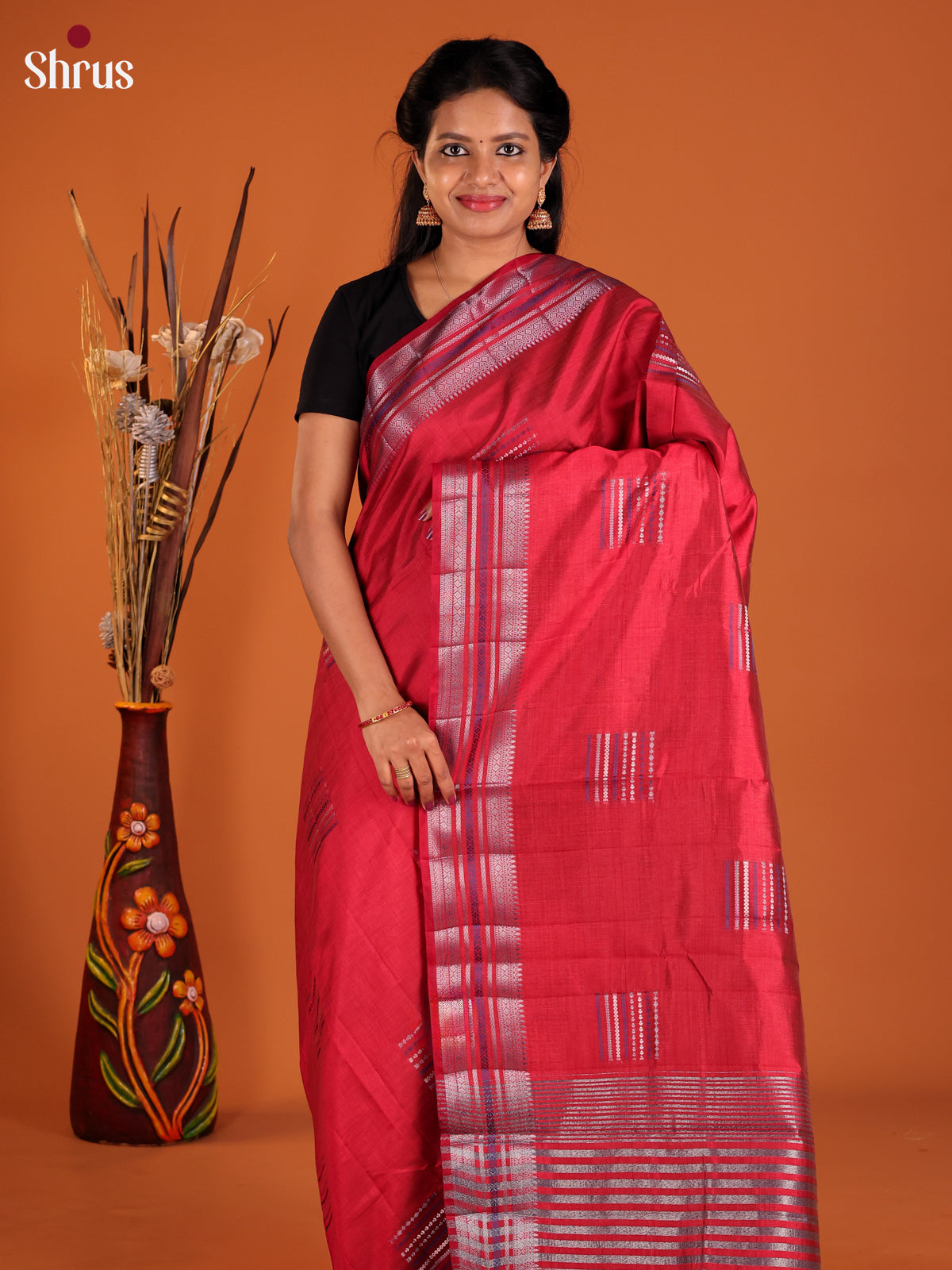 Red &  Maroon - Semi Rawsilk Saree