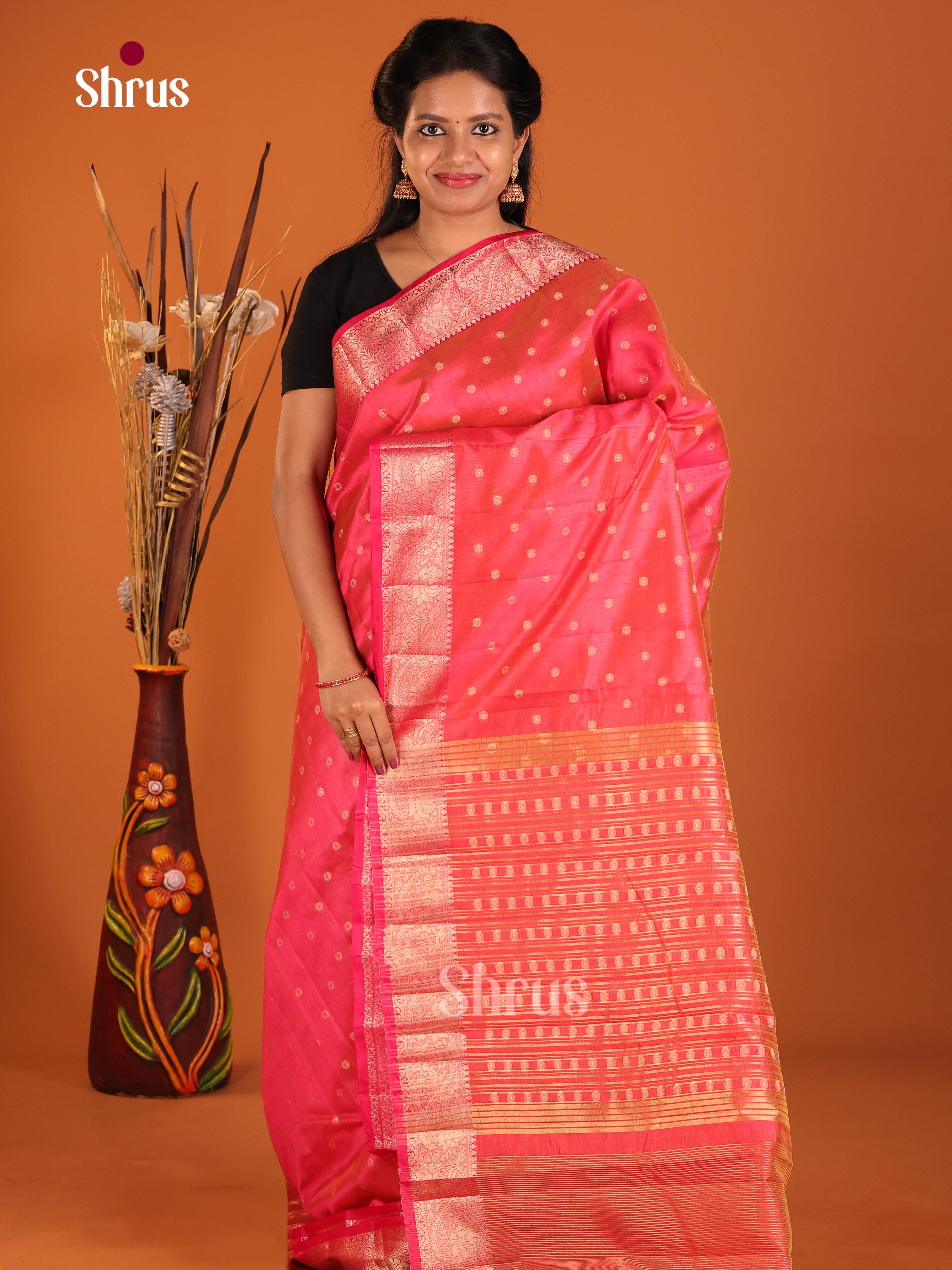 Orangish Pink - Semi Rawsilk Saree