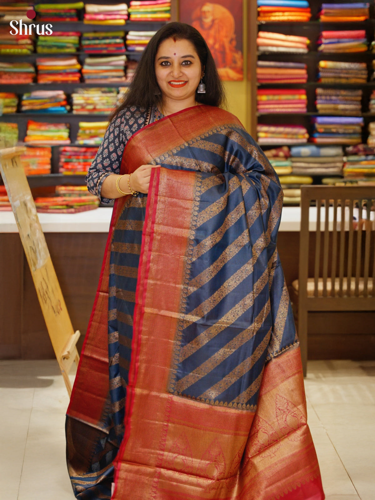Blue & Maroon - Tussar Saree