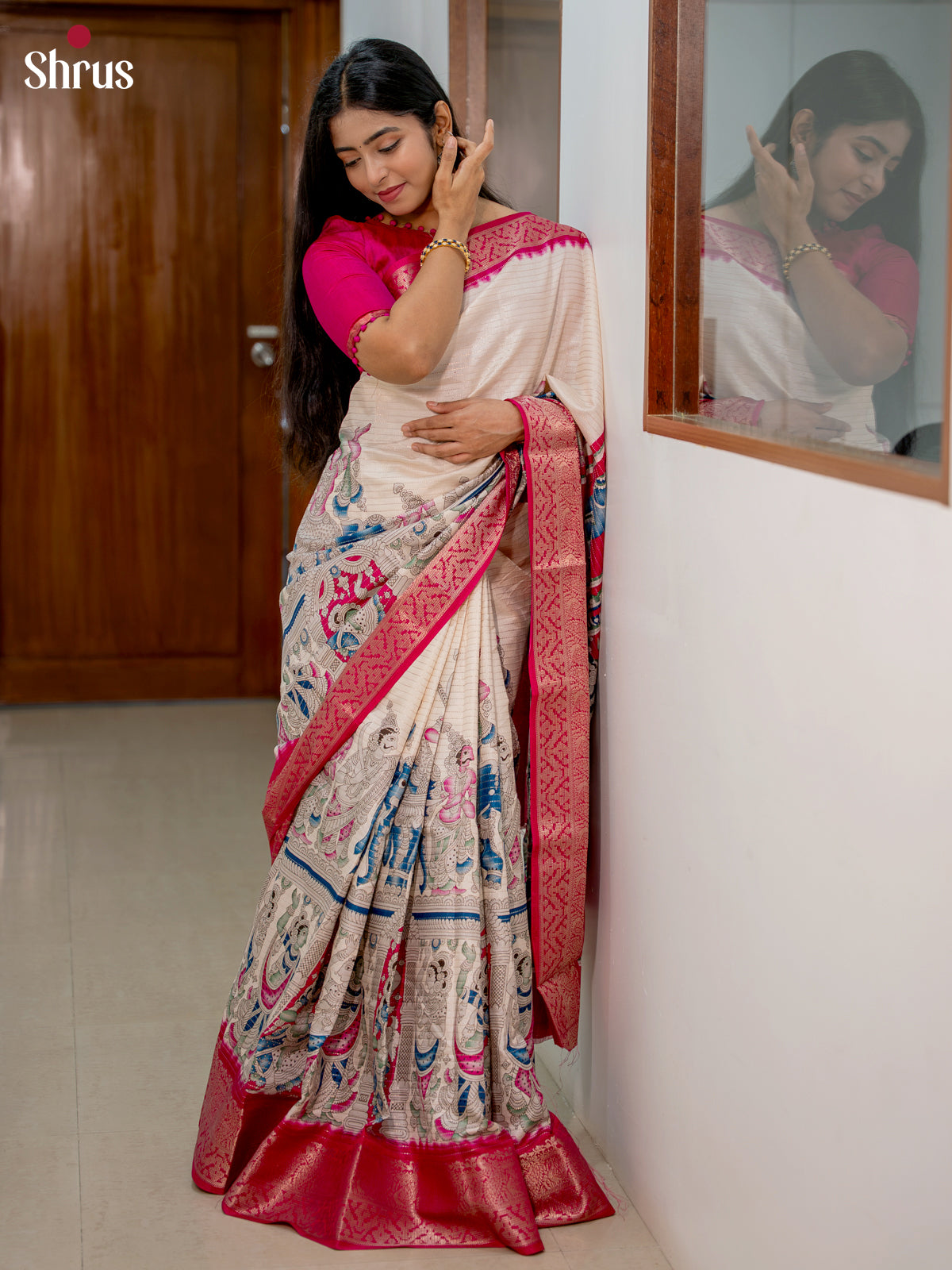 Cream & pink  - Semi Tussar Saree