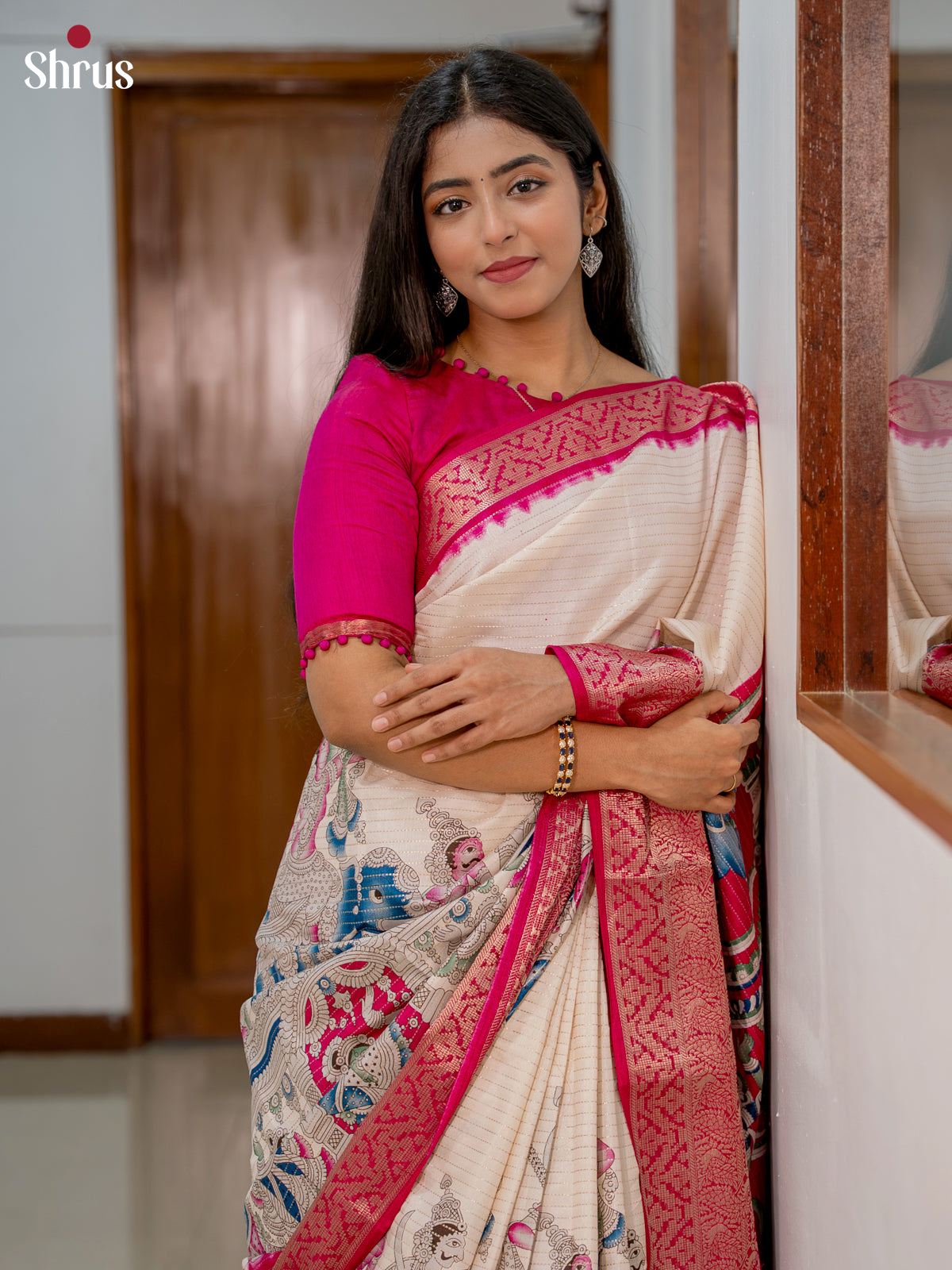 Cream & pink  - Semi Tussar Saree