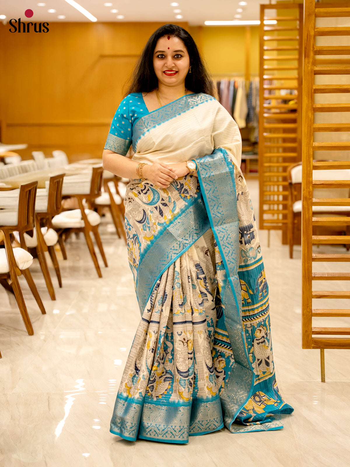 Cream & Blue - Semi Tussar Saree