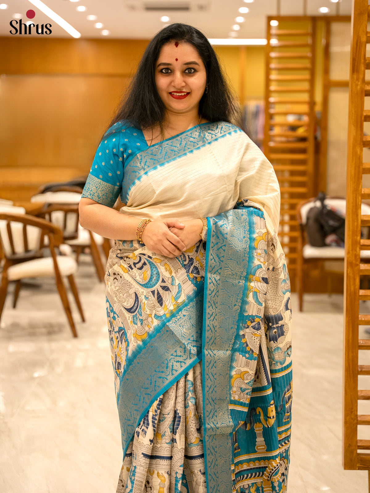 Cream & Blue - Semi Tussar Saree