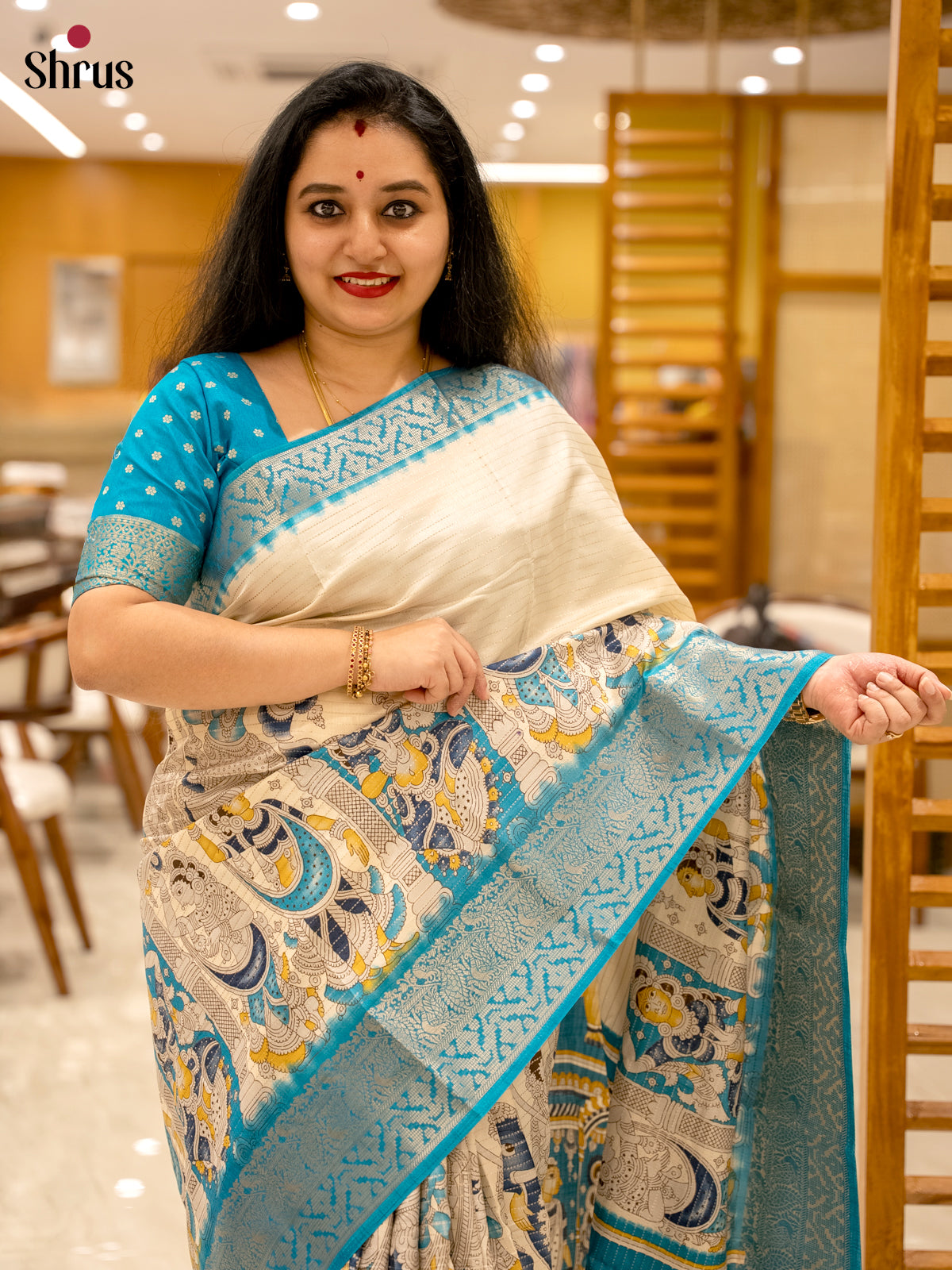 Cream & Blue - Semi Tussar Saree