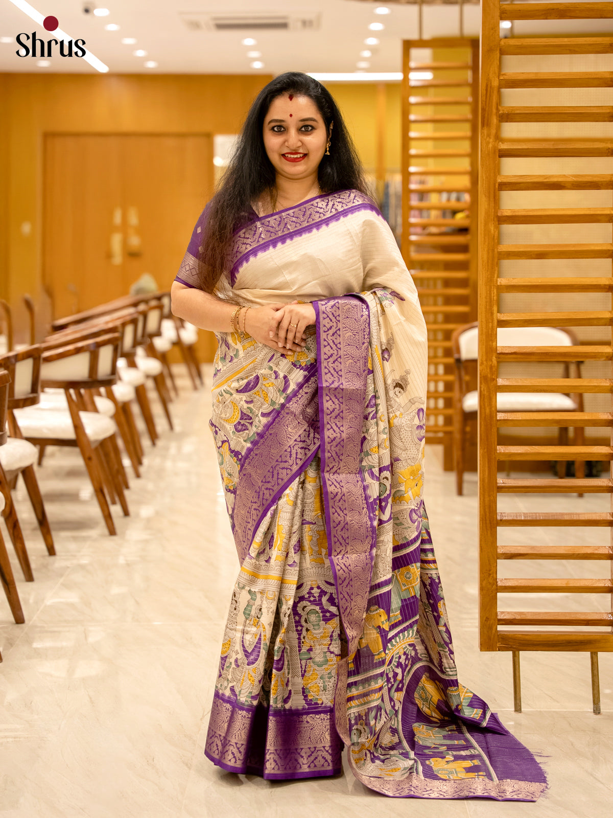 Cream & Purple - Semi Tussar Saree