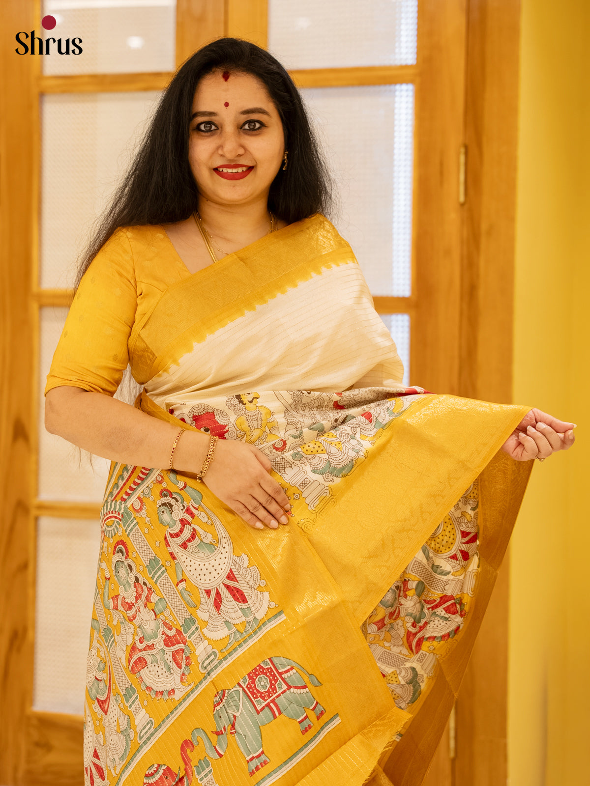 Cream & Yellow- Semi Tussar Saree