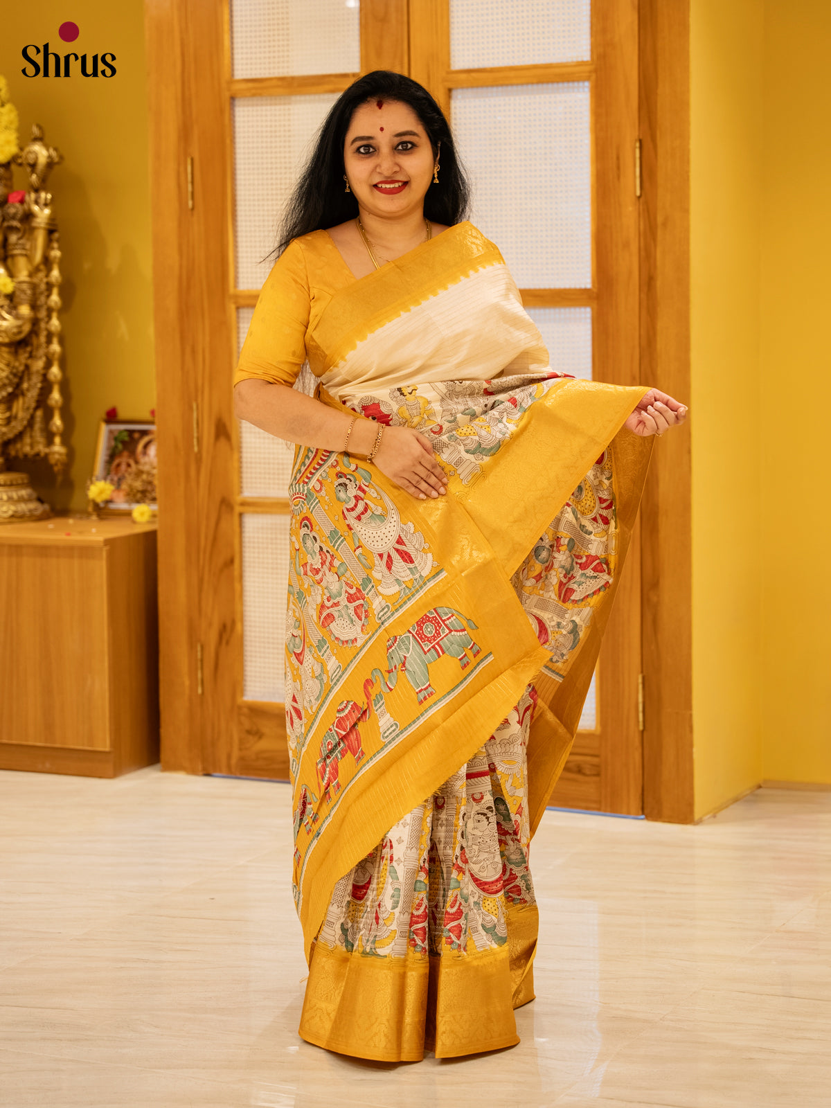 Cream & Yellow- Semi Tussar Saree