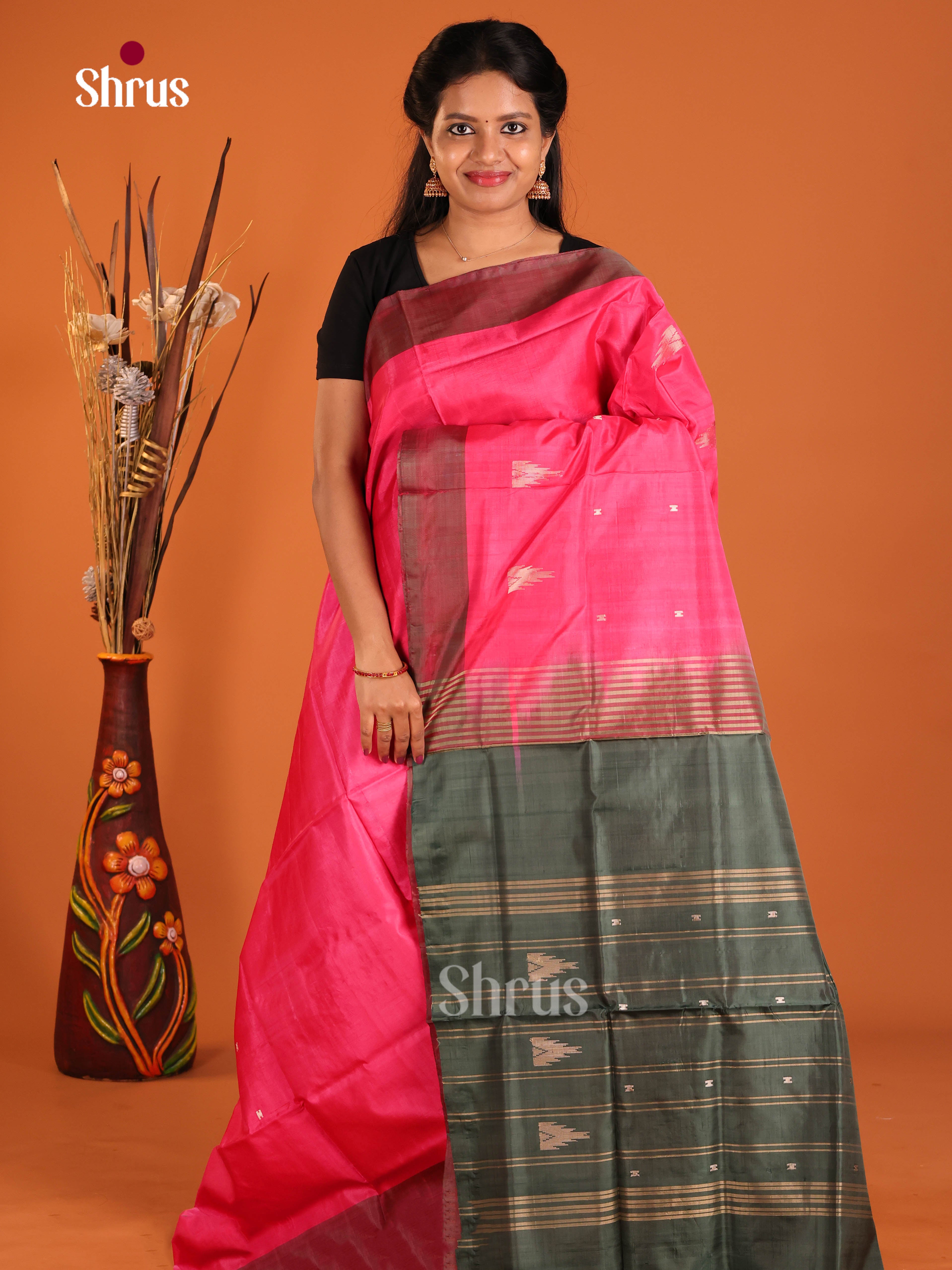 Pink &  Green - Banana Pith without blouse Saree - Shop on Shrus.com