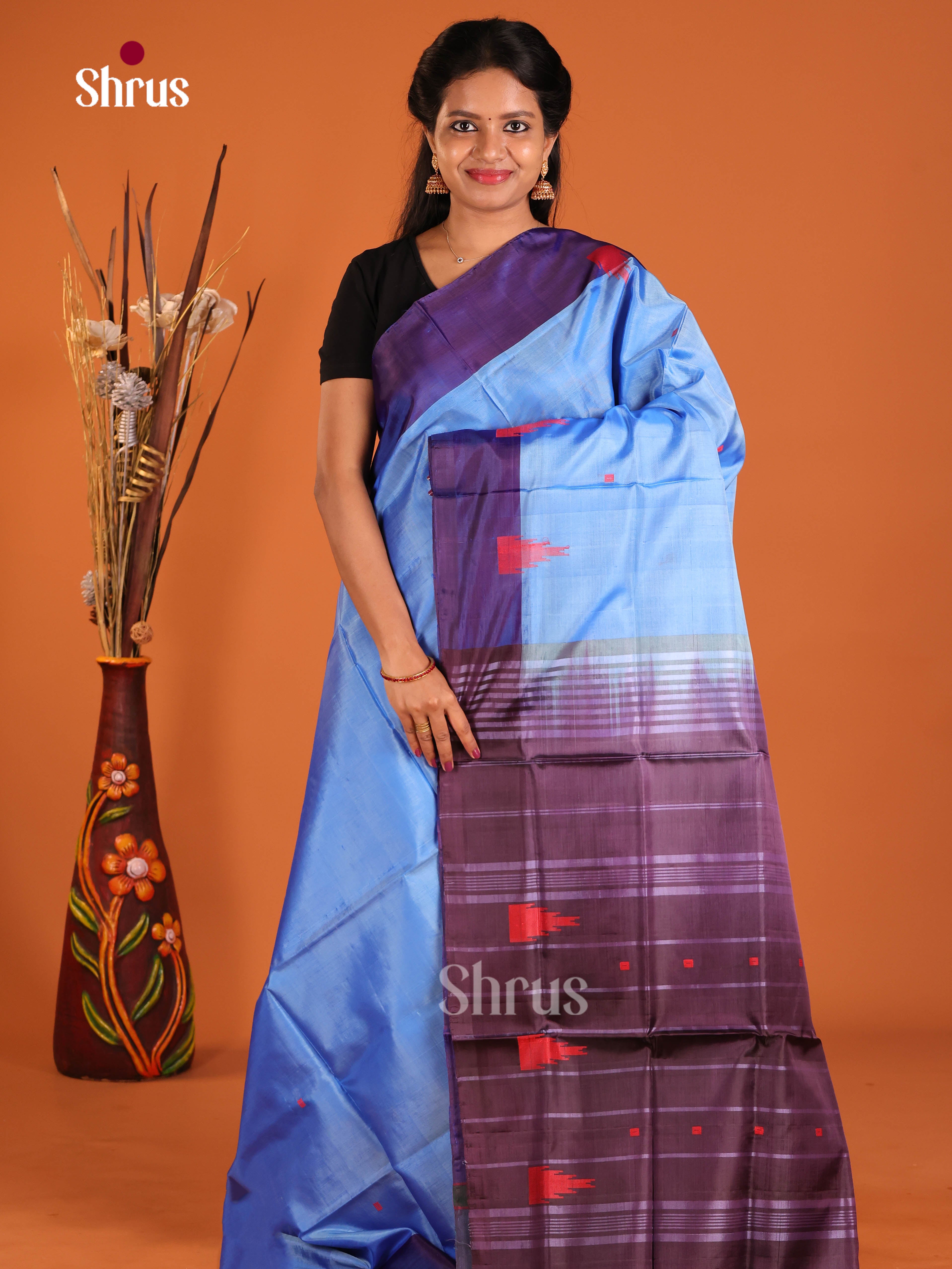 Blue & Purple - Banana Pith without blouse Saree
