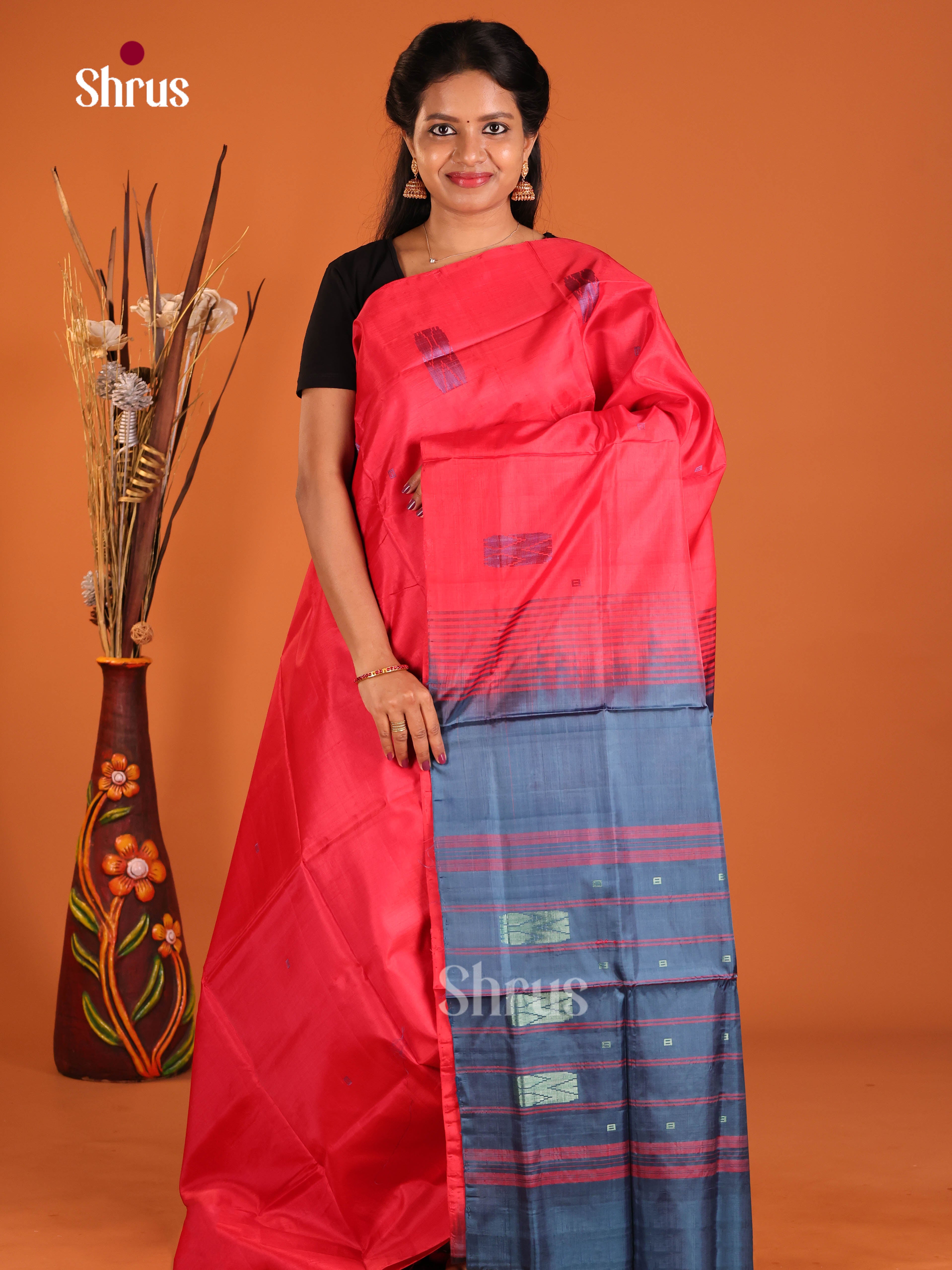 Reddish Pink & Blue - Banana Pith without blouse Saree