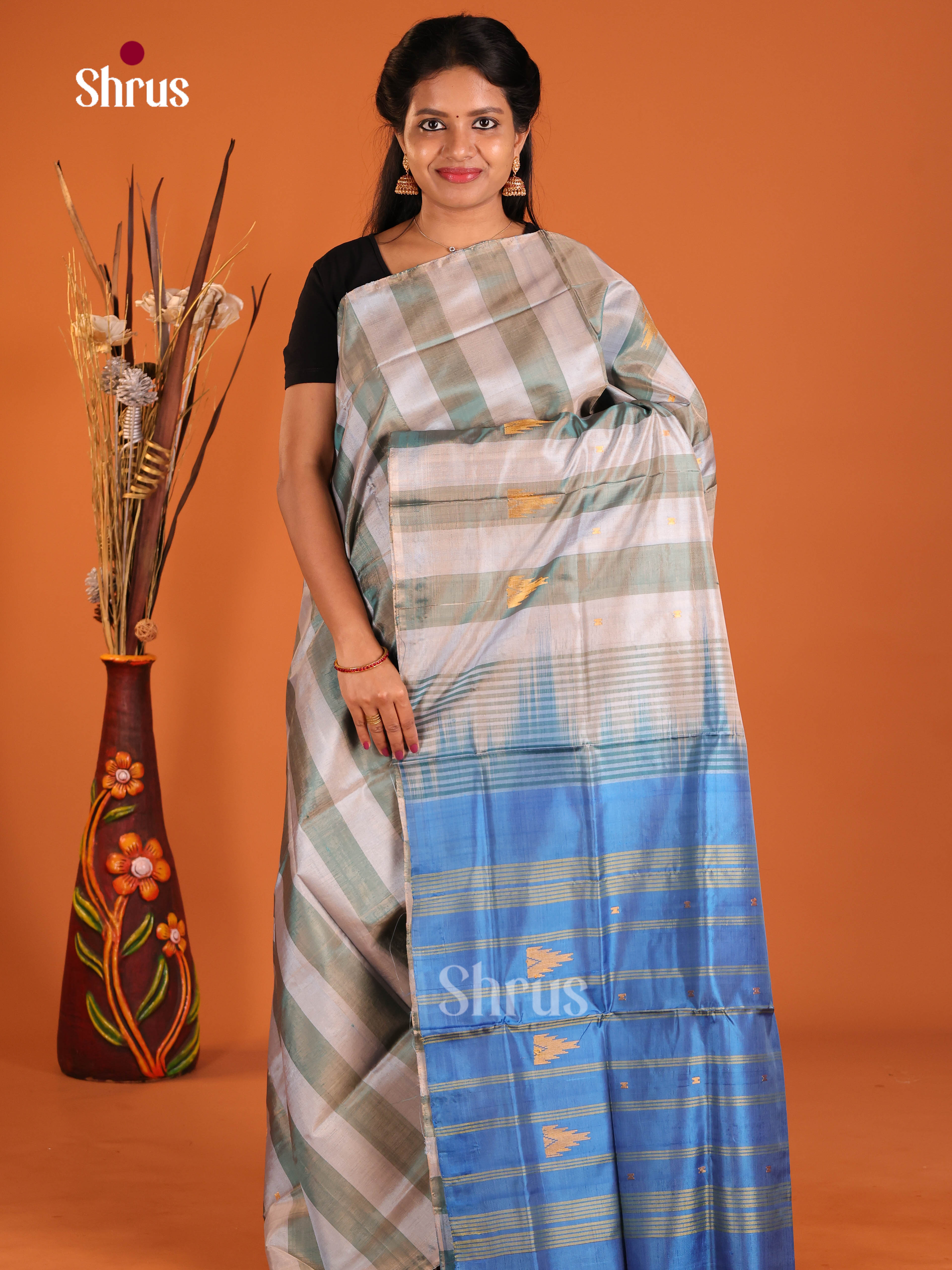 Grey & Blue- Banana Pith without blouse Saree - Shop on Shrus.com