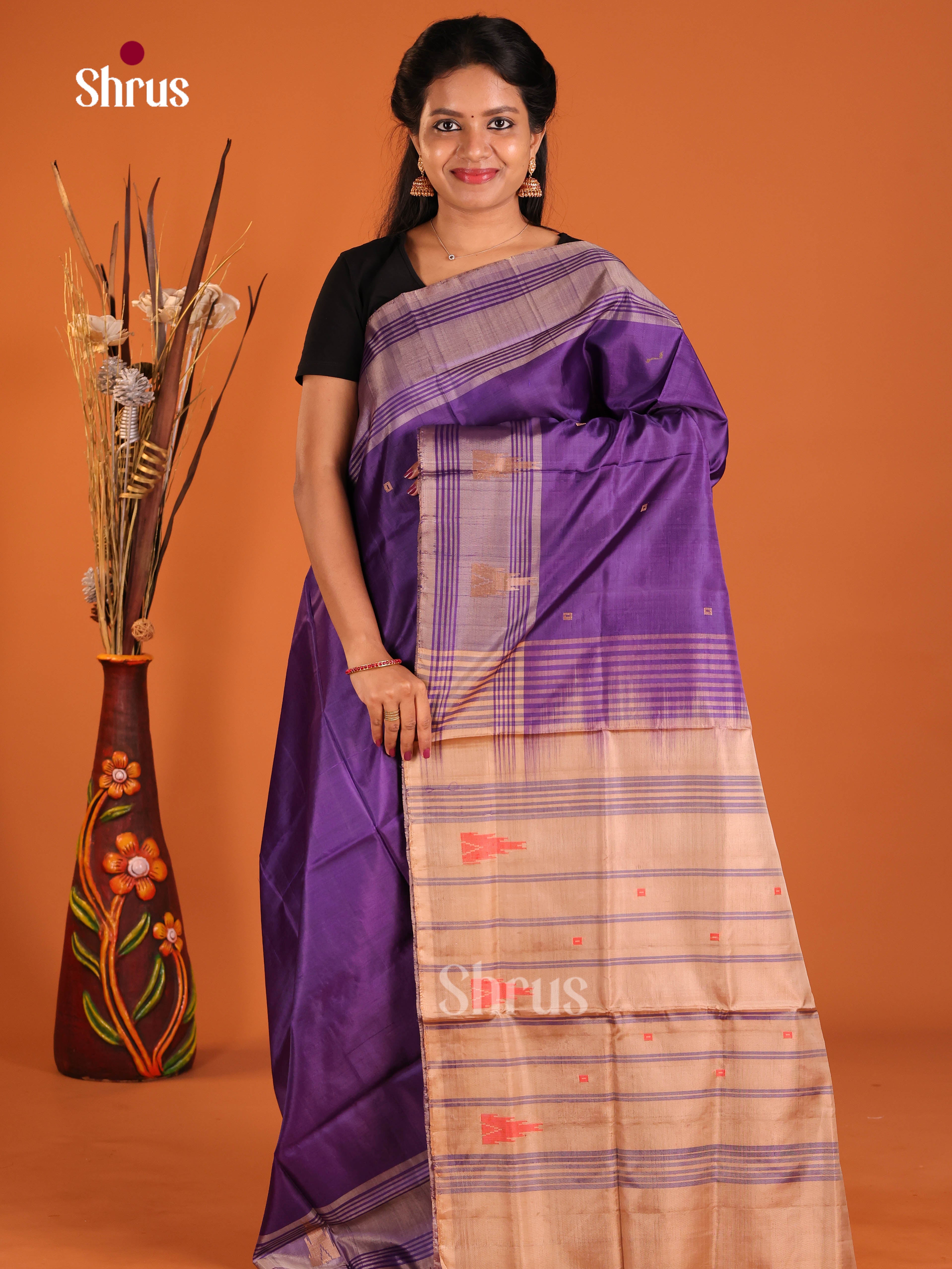 Violet & Light  Brown - Banana Pith without blouse Saree
