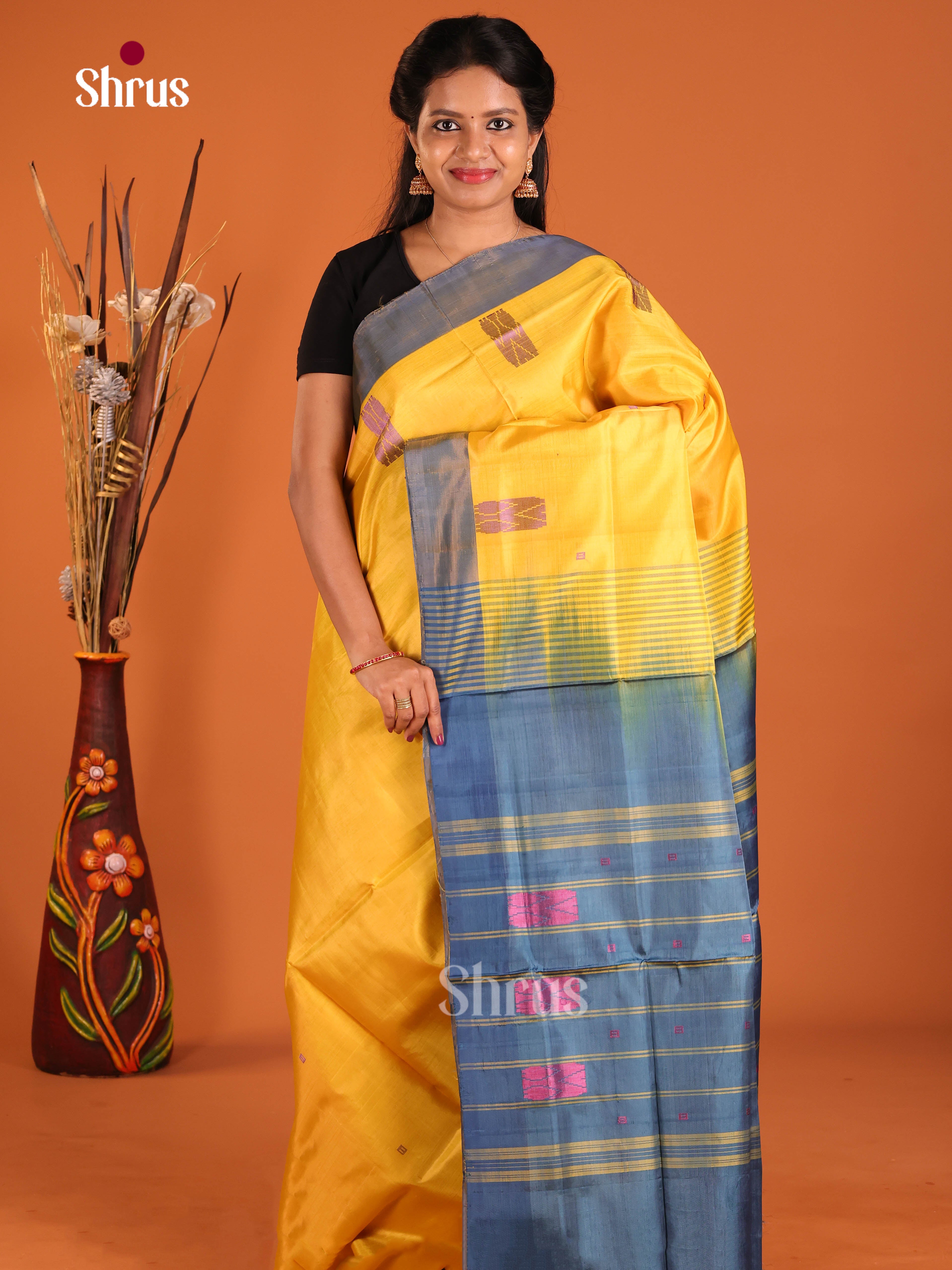 Yellow & Blue- Banana Pith without blouse Saree